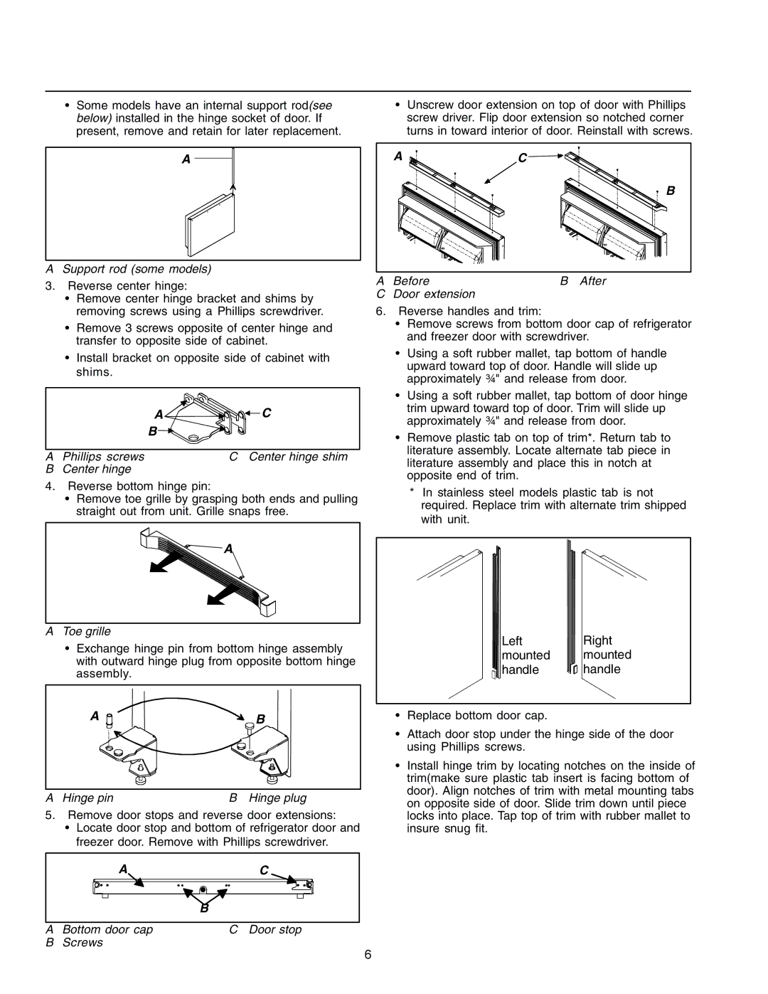 Amana IA 52204-0001 owner manual Before After Door extension, Bottom door cap Door stop Screws 