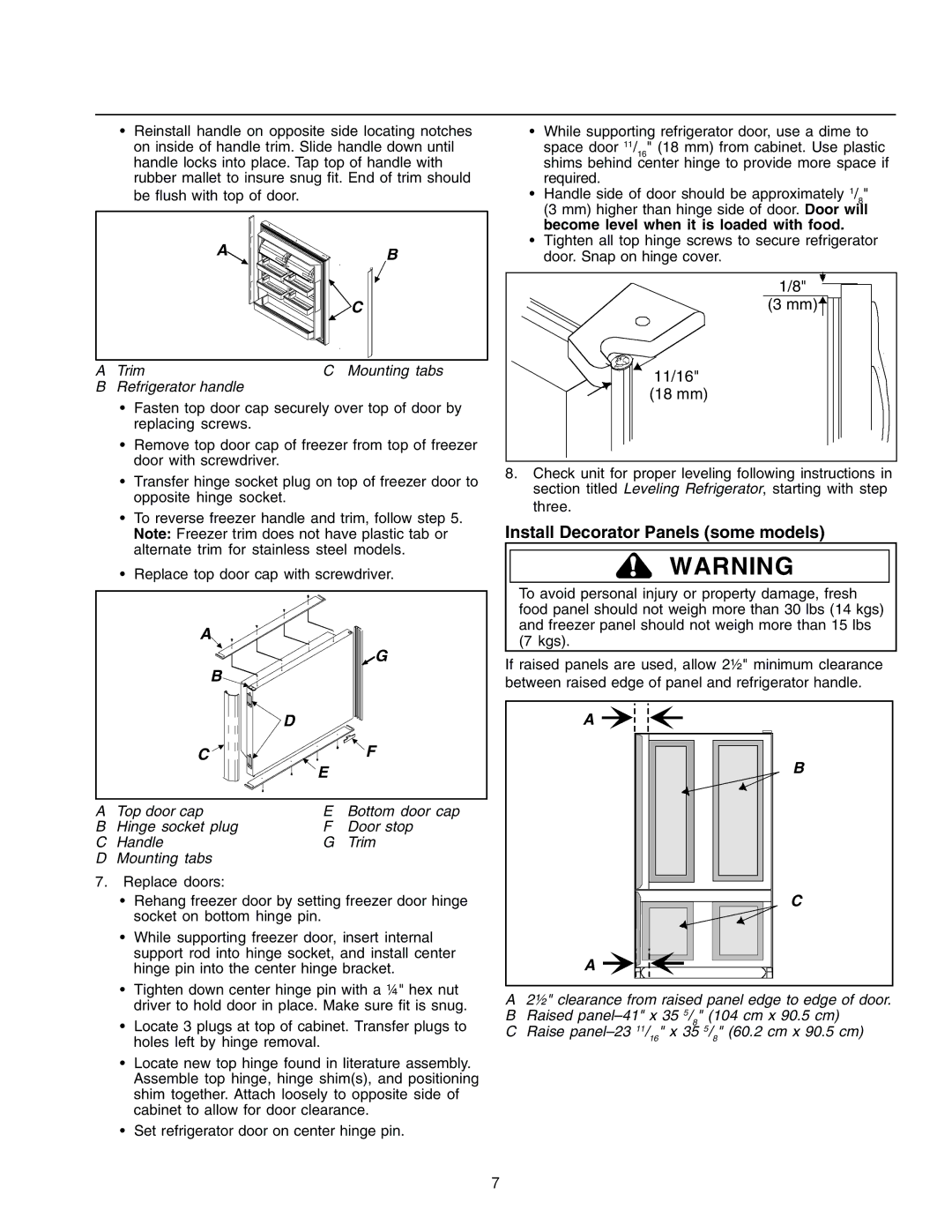 Amana IA 52204-0001 owner manual Install Decorator Panels some models, Trim Mounting tabs Refrigerator handle 