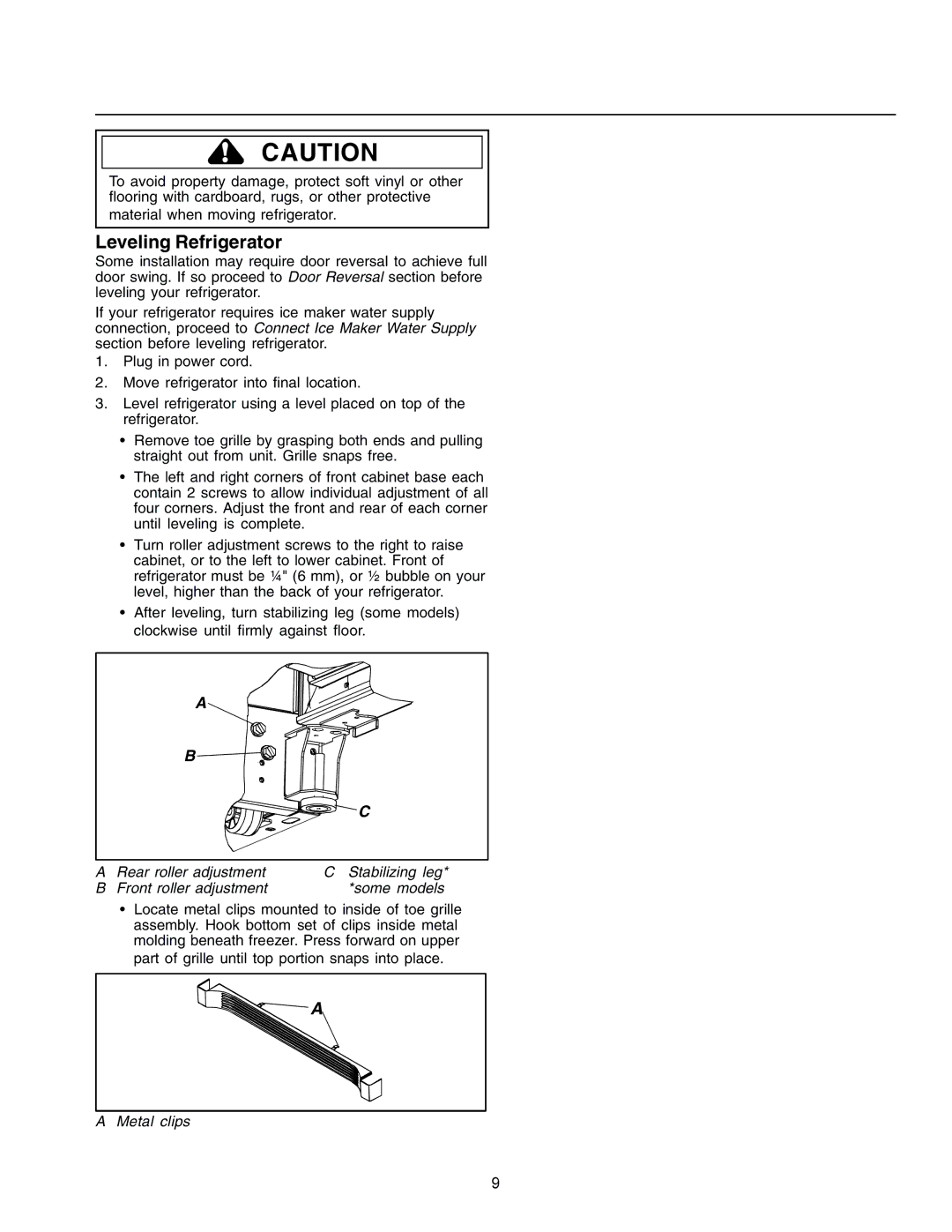 Amana IA 52204-0001 owner manual Leveling Refrigerator, Metal clips 