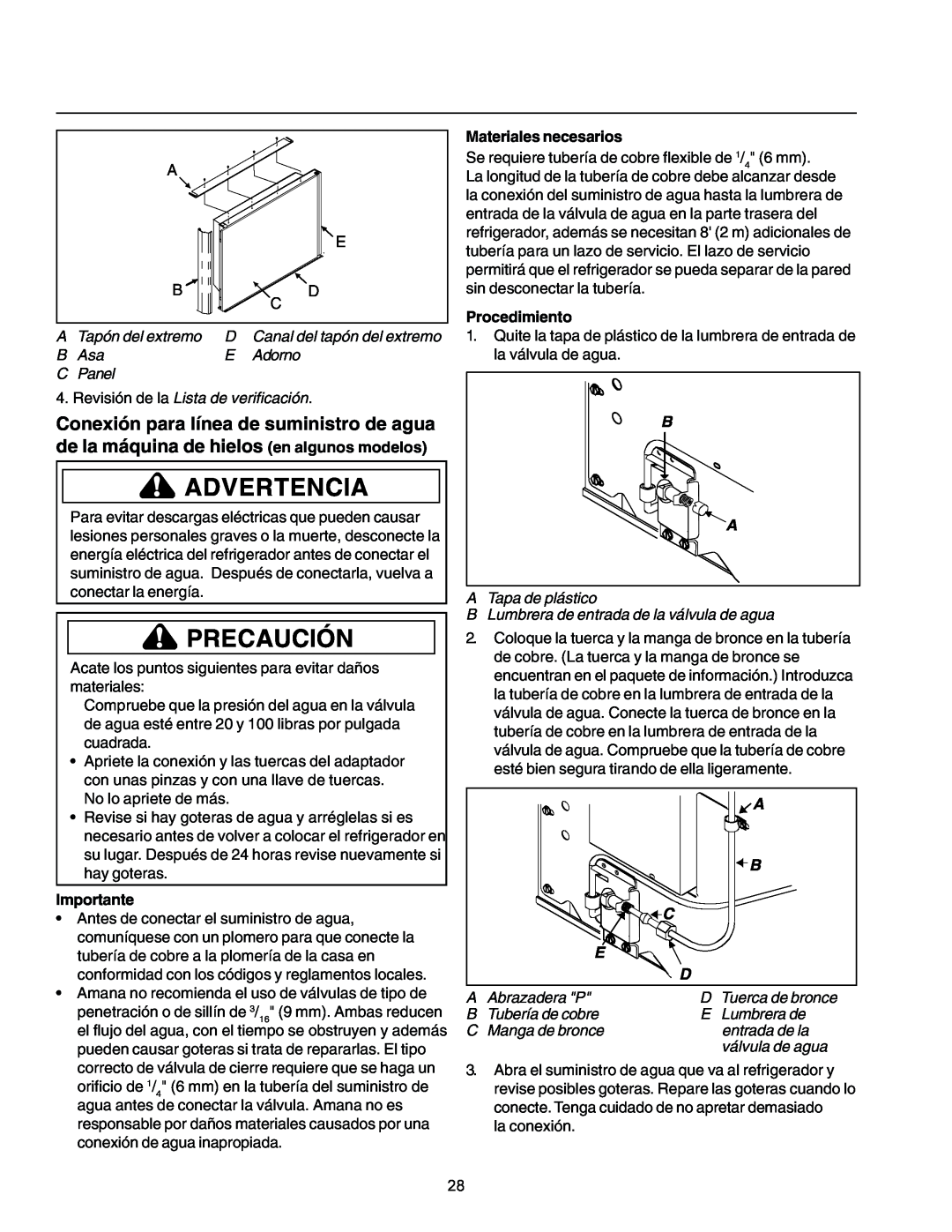 Amana IA 52204-0001 owner manual Importante, Materiales necesarios, Procedimiento, Advertencia, Precaución 