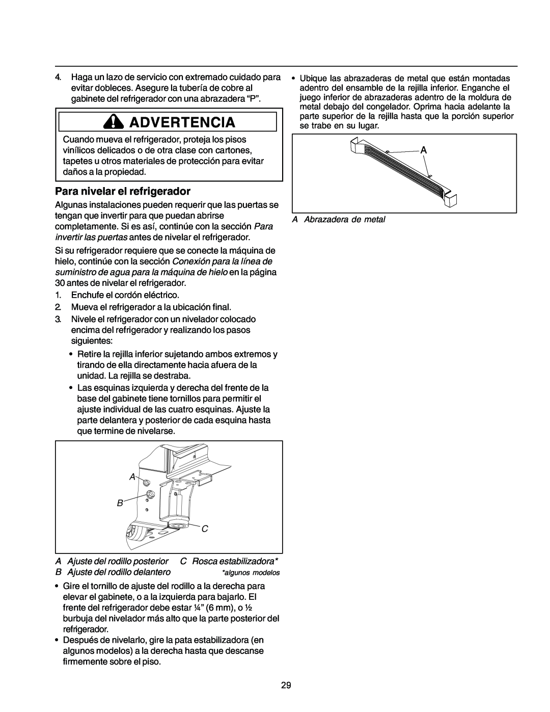 Amana IA 52204-0001 owner manual Para nivelar el refrigerador, Advertencia 