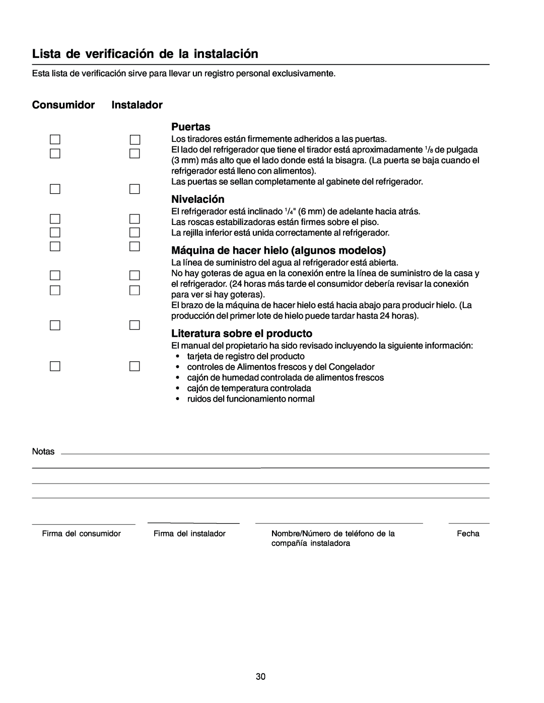 Amana IA 52204-0001 owner manual Lista de verificación de la instalación, Consumidor Instalador Puertas, Nivelación 