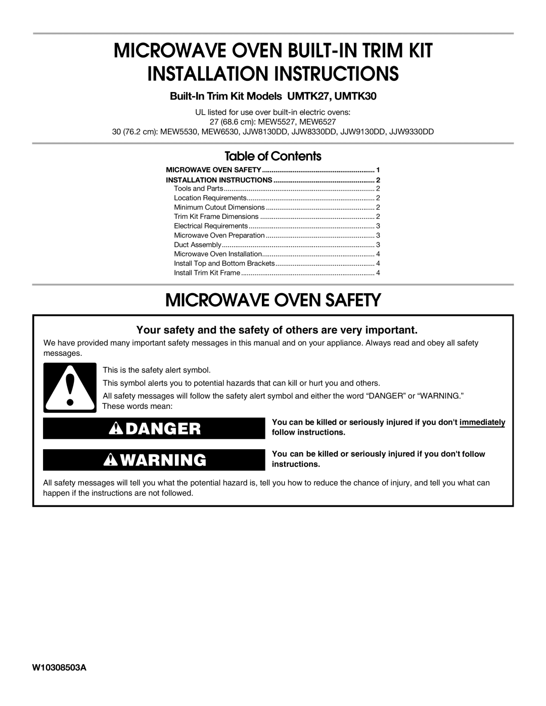 Amana JJW8130DD, JJW8330DD, MEW6527 installation instructions Microwave Oven BUILT-IN Trim KIT Installation Instructions 