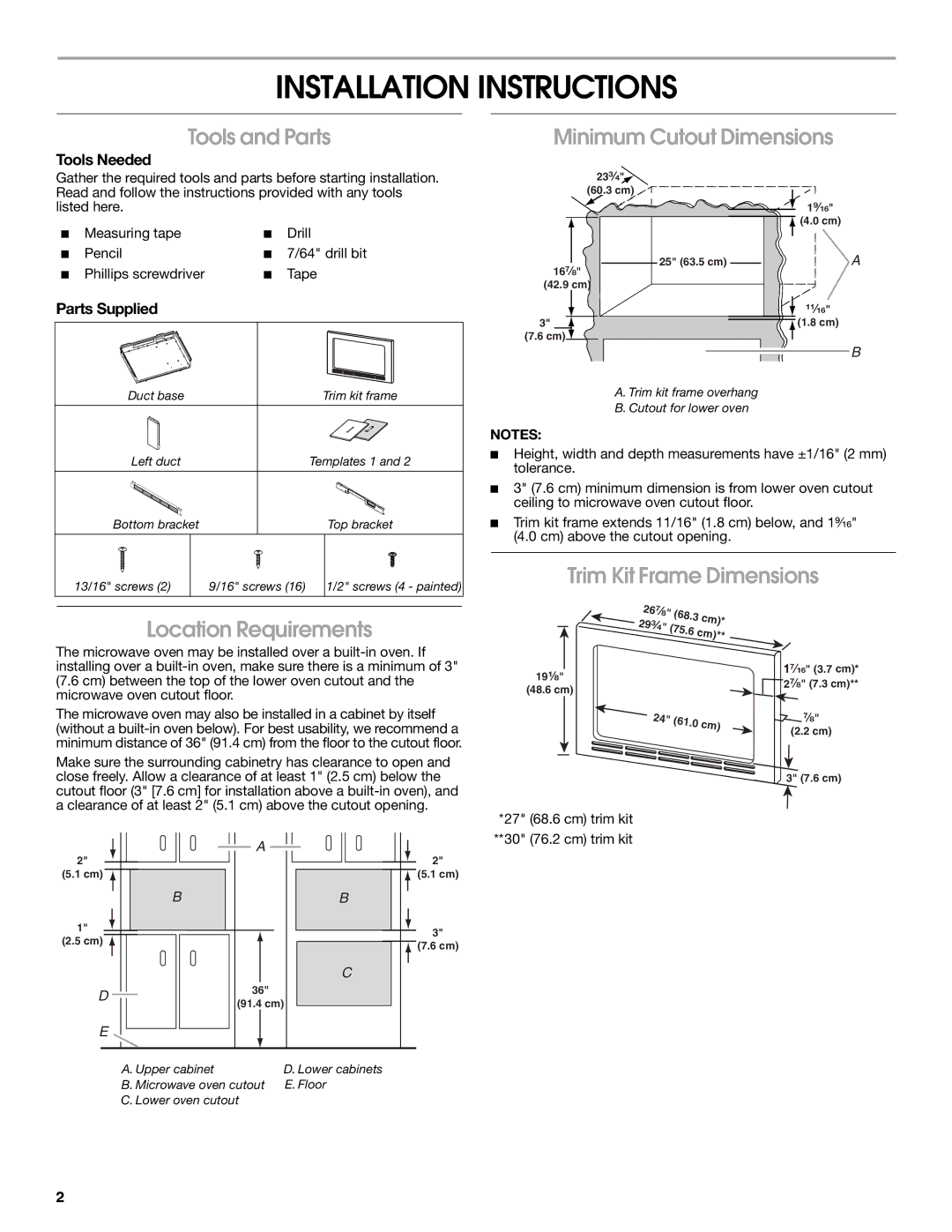 Amana MEW6527, JJW8330DD, JJW8130DD, MEW6530, MEW5527 Installation Instructions, Tools and Parts, Minimum Cutout Dimensions 