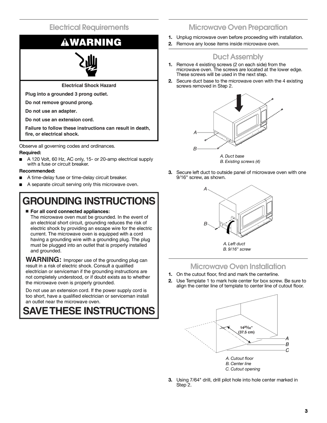 Amana MEW6530, JJW8330DD Electrical Requirements, Microwave Oven Preparation, Duct Assembly, Microwave Oven Installation 