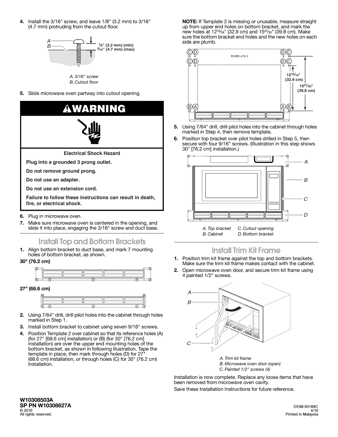 Amana MEW5527 Install Top and Bottom Brackets, Install Trim Kit Frame, W10308503A SP PN W10308627A, 30 76.2 cm 27 68.6 cm 