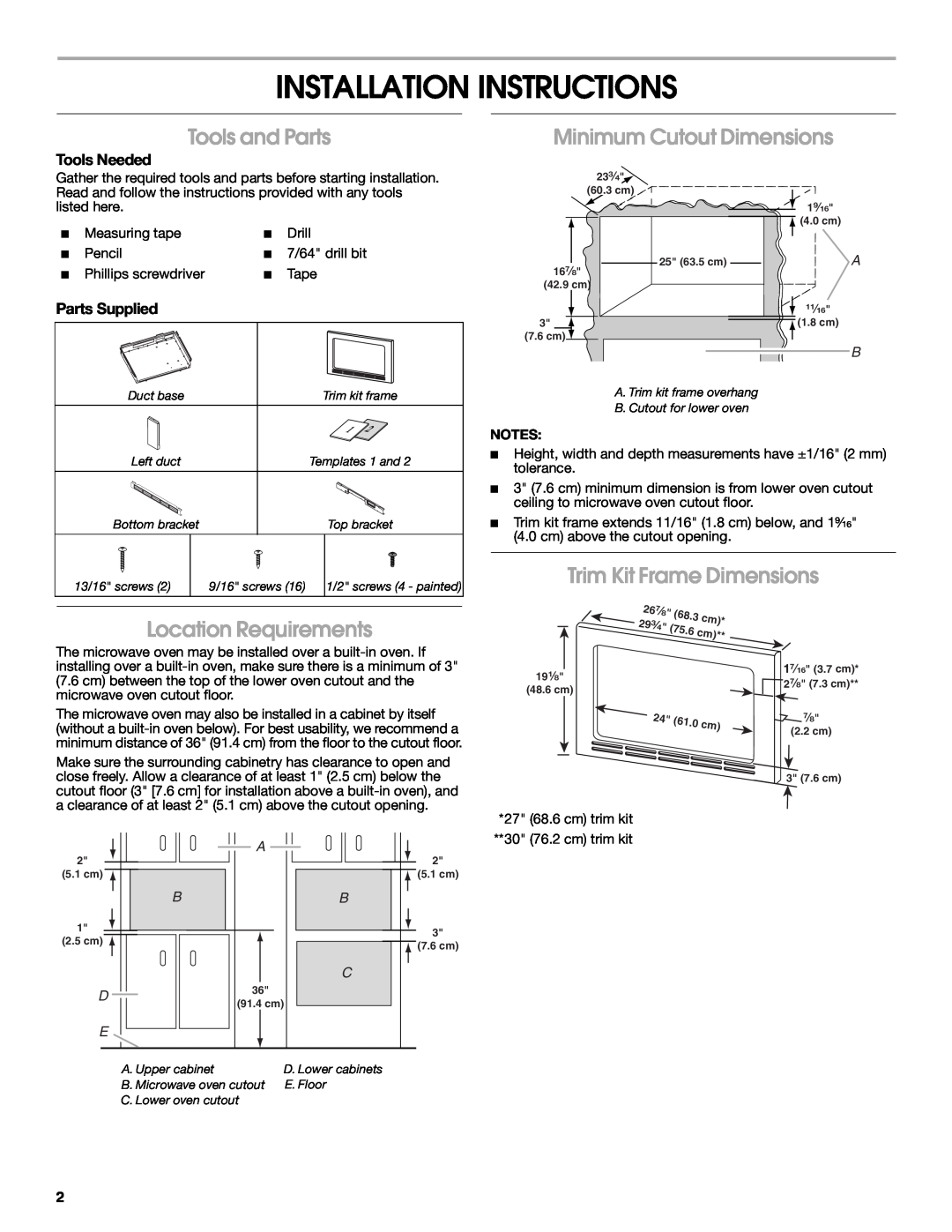 Amana MEW6527, JJW8330DD Installation Instructions, Tools and Parts, Minimum Cutout Dimensions, Trim Kit Frame Dimensions 