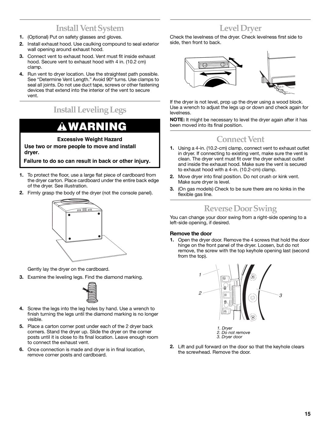 Amana YKEHS01P manual Install Vent System, Install Leveling Legs, Level Dryer, Connect Vent, Reverse Door Swing 