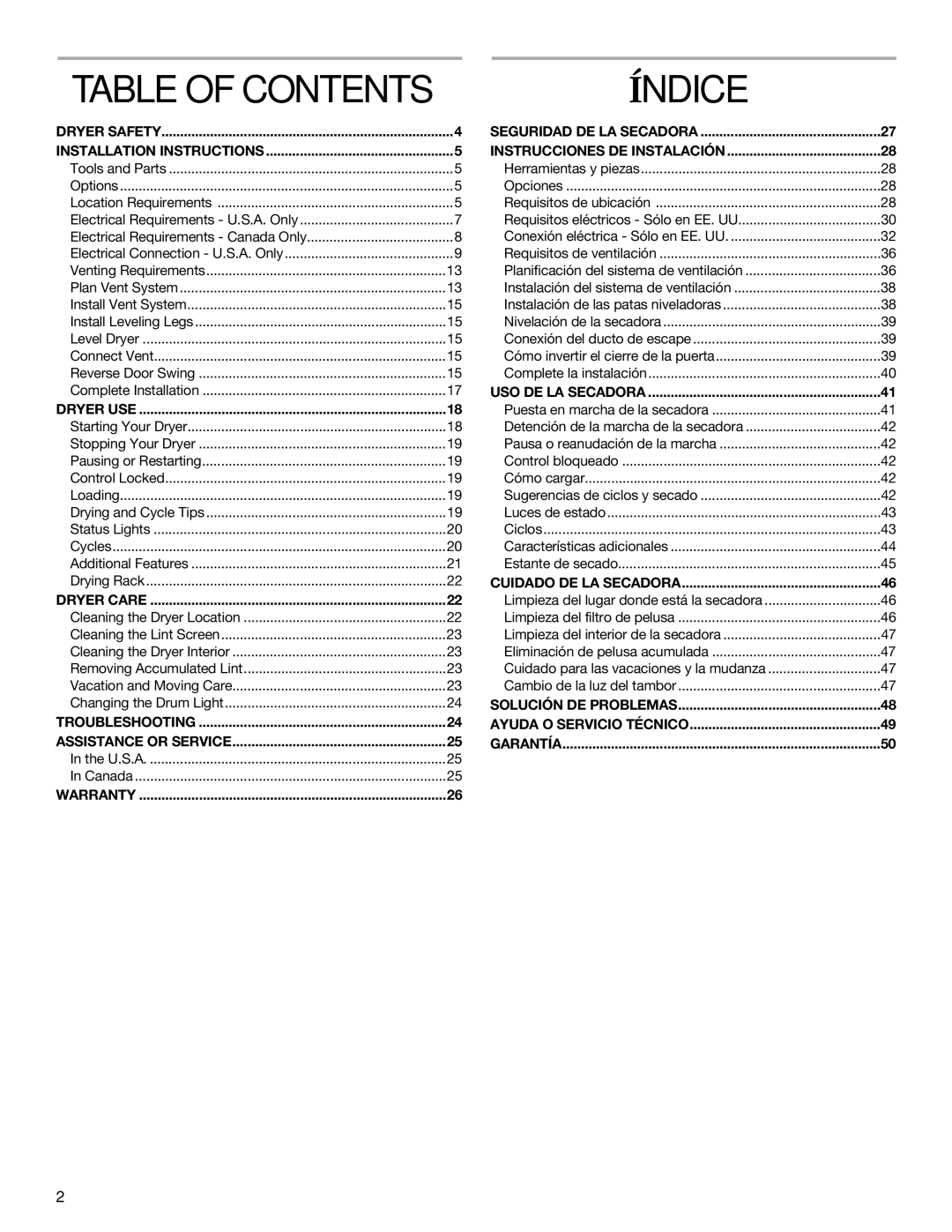 Amana YKEHS01P manual Table of Contents, Índice 