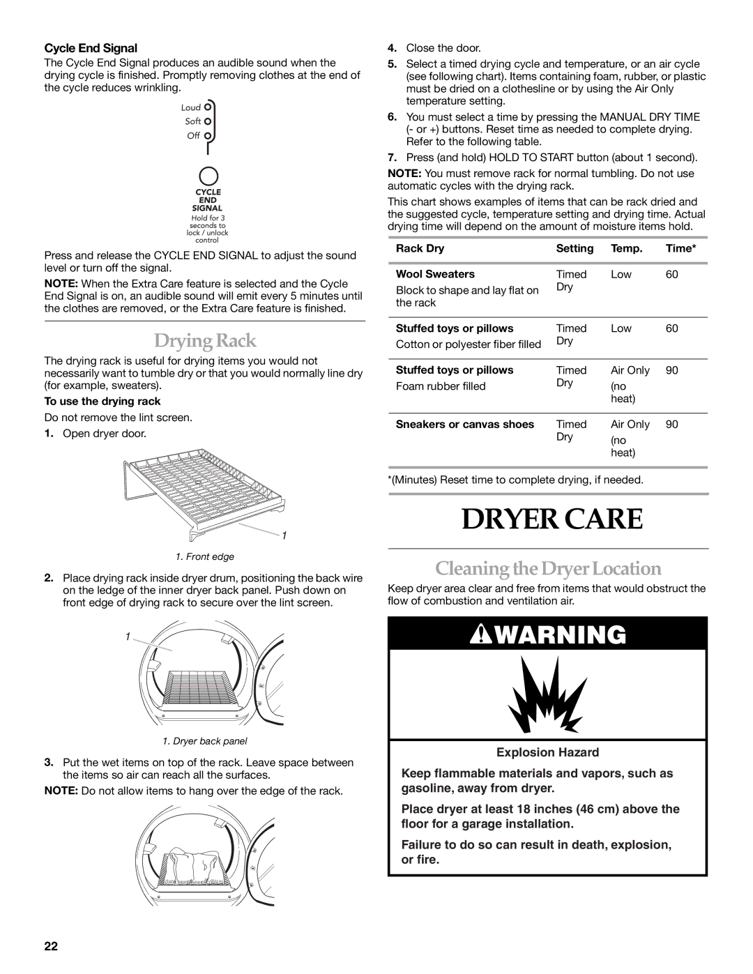 Amana YKEHS01P manual Dryer Care, Drying Rack, Cleaning the Dryer Location, Cycle End Signal 