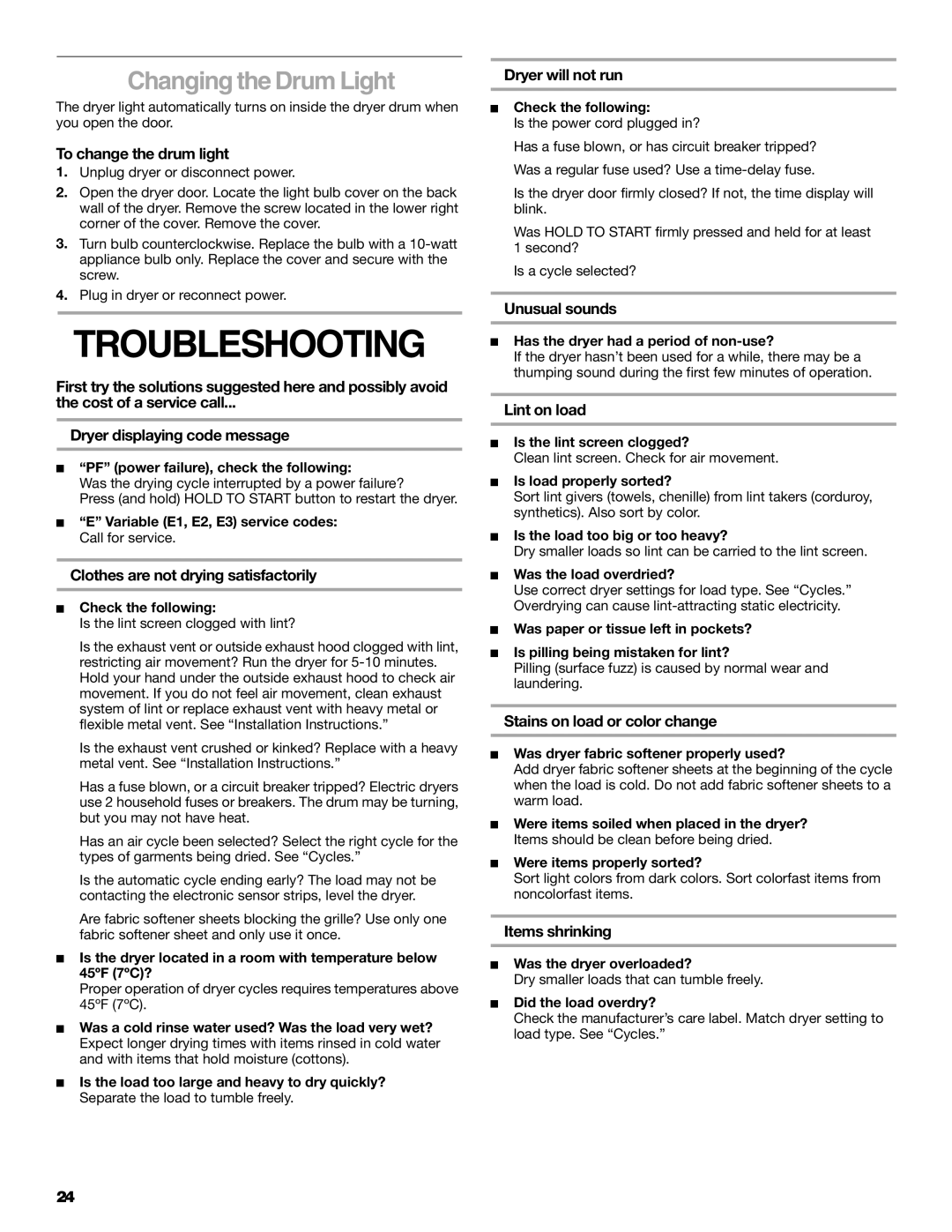 Amana YKEHS01P manual Troubleshooting, Changing the Drum Light 