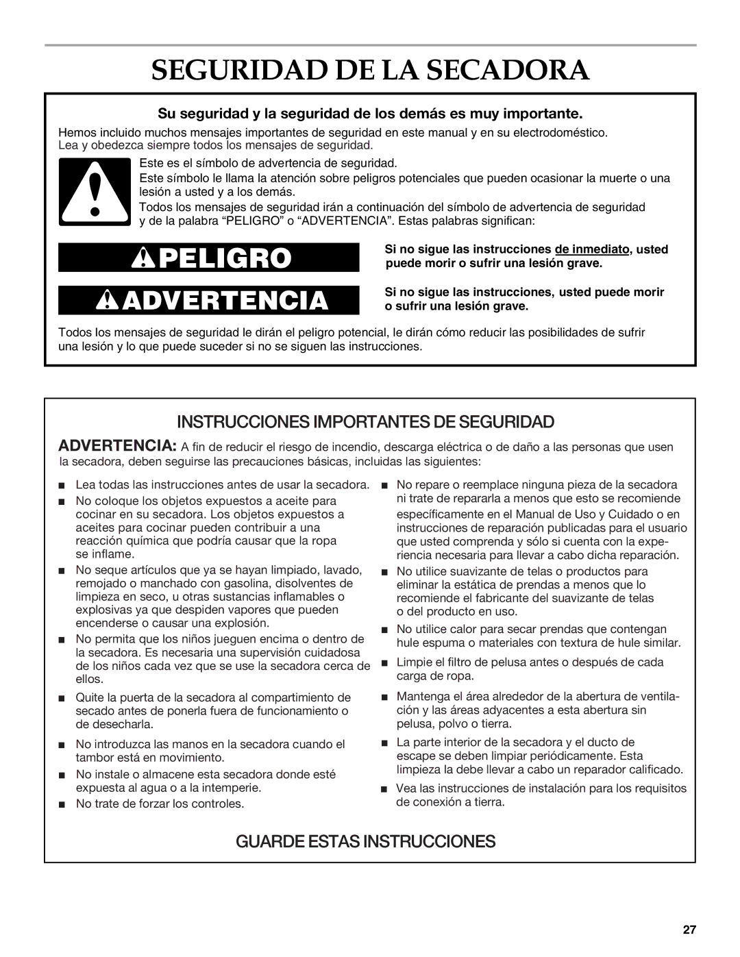 Amana YKEHS01P manual Seguridad DE LA Secadora, Su seguridad y la seguridad de los demás es muy importante 