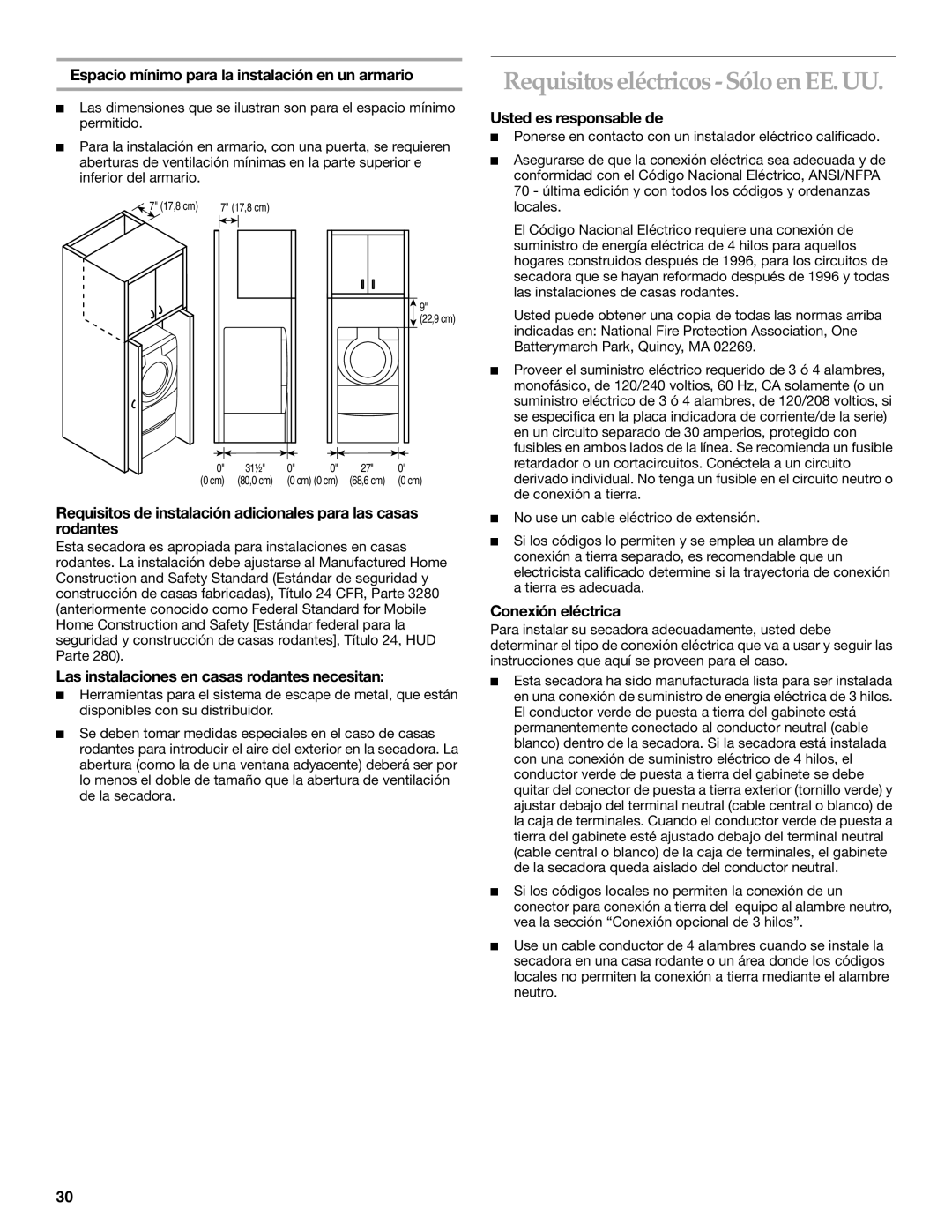 Amana KEHS01P Requisitos eléctricos Sólo en EE. UU, Espacio mínimo para la instalación en un armario, Conexión eléctrica 