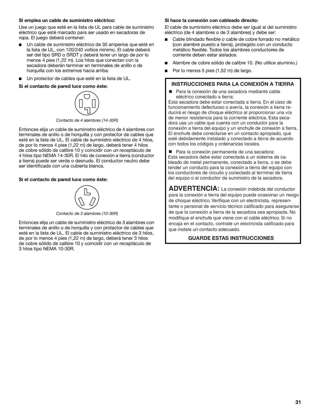 Amana YKEHS01P manual Si emplea un cable de suministro eléctrico, Si el contacto de pared luce como éste 