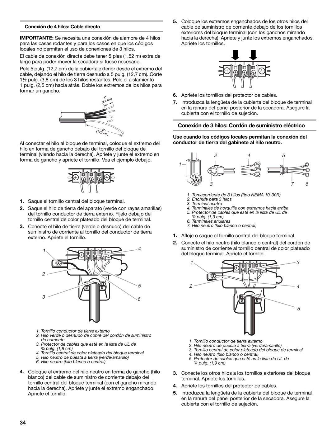 Amana YKEHS01P manual Conexión de 3 hilos Cordón de suministro eléctrico, Conexión de 4 hilos Cable directo 