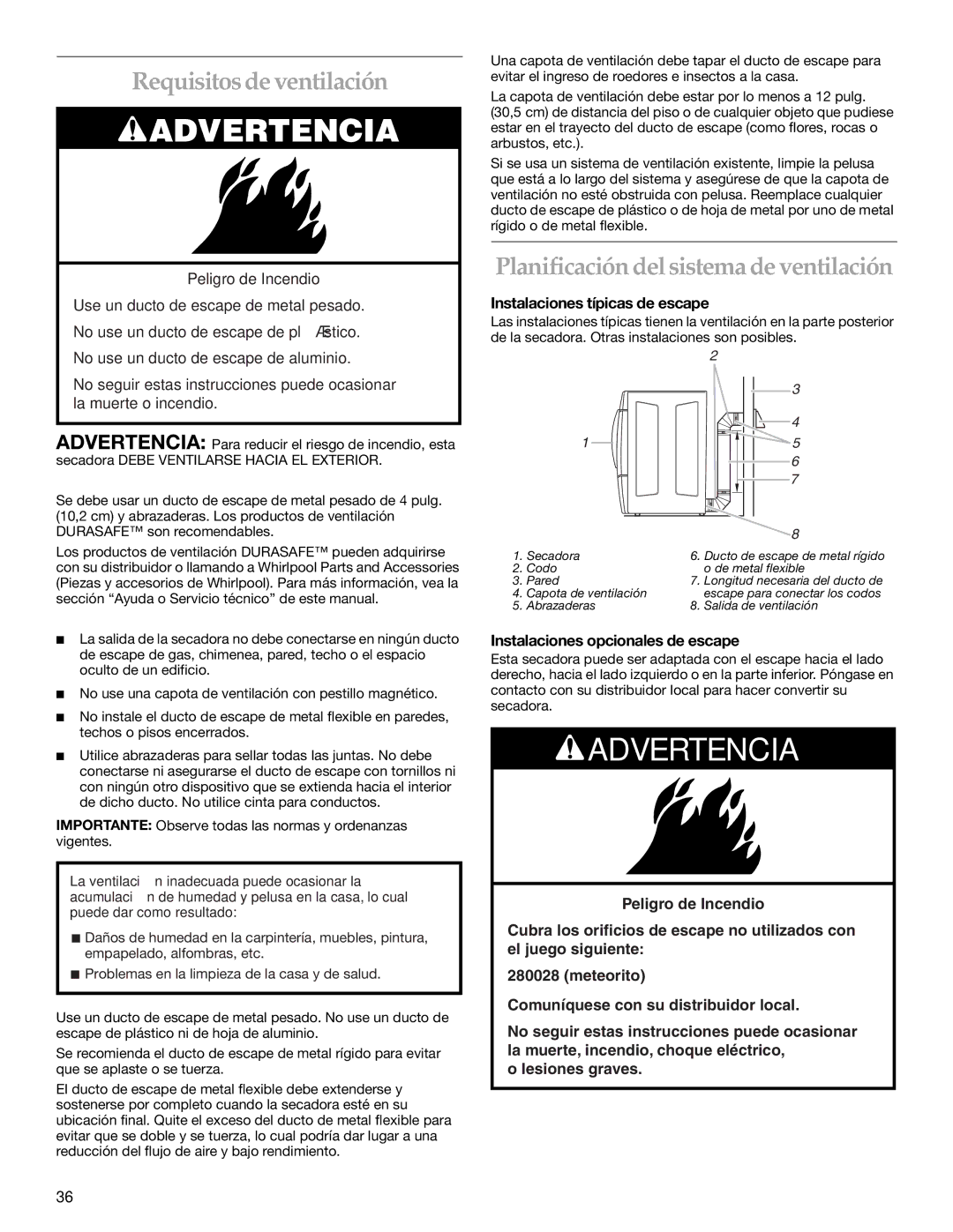 Amana KEHS01P manual Requisitos de ventilación, Planificación del sistema de ventilación, Instalaciones típicas de escape 