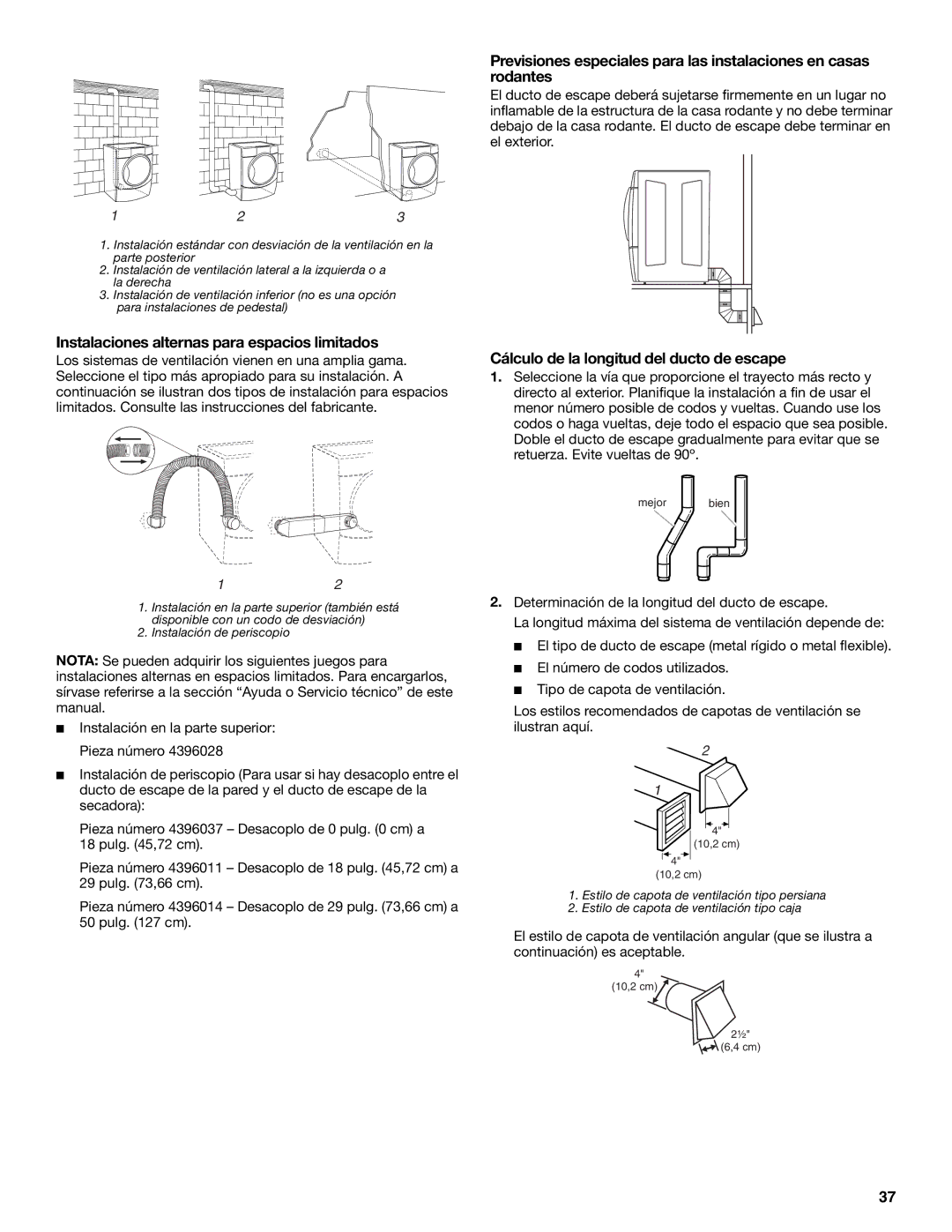 Amana YKEHS01P manual Instalaciones alternas para espacios limitados, Cálculo de la longitud del ducto de escape 