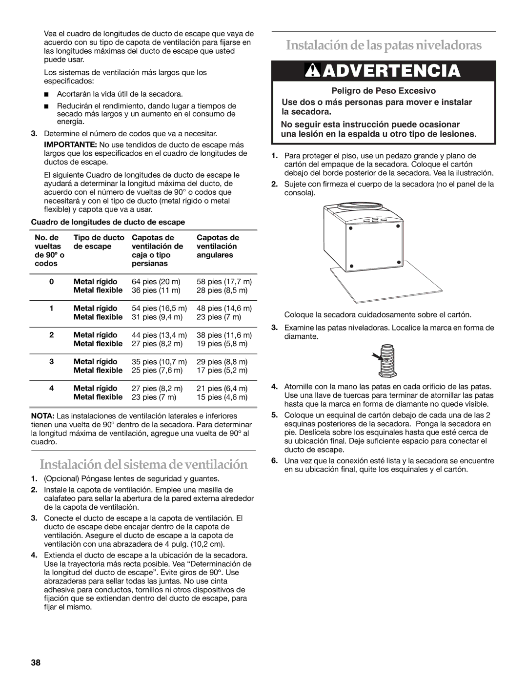 Amana YKEHS01P manual Instalación del sistema de ventilación, Instalación de las patas niveladoras 