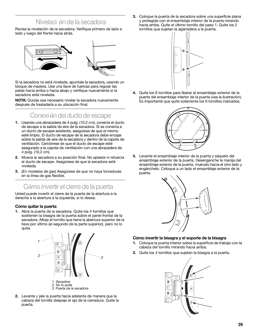 Amana YKEHS01P manual Nivelación de la secadora, Conexión del ducto de escape, Cómo invertir el cierre de la puerta 