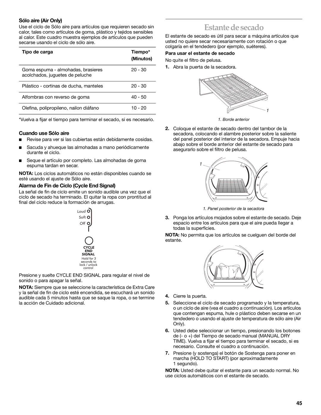 Amana YKEHS01P manual Estante de secado, Sólo aire Air Only, Cuando use Sólo aire, Alarma de Fin de Ciclo Cycle End Signal 