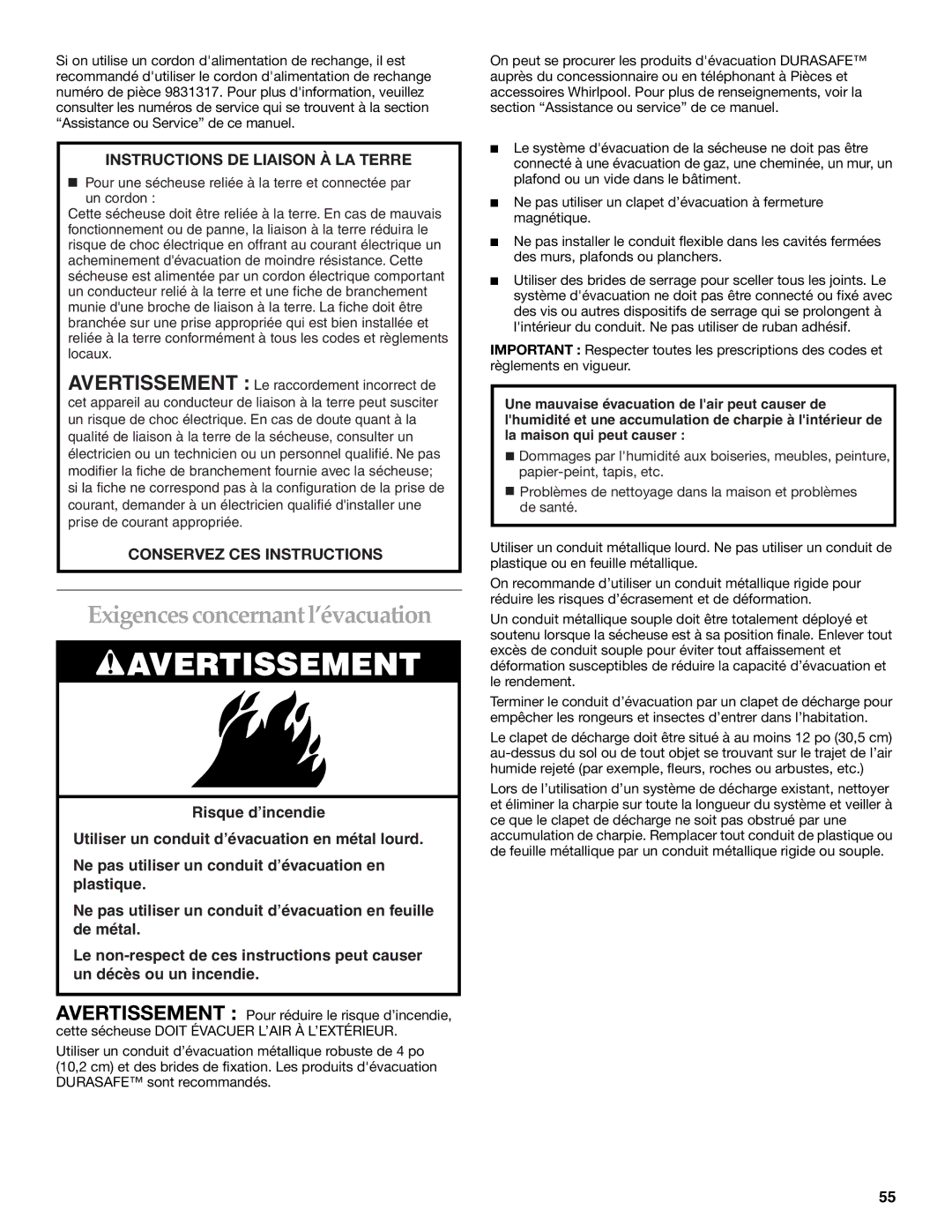 Amana YKEHS01P manual Exigences concernant l’évacuation, Instructions DE Liaison À LA Terre 