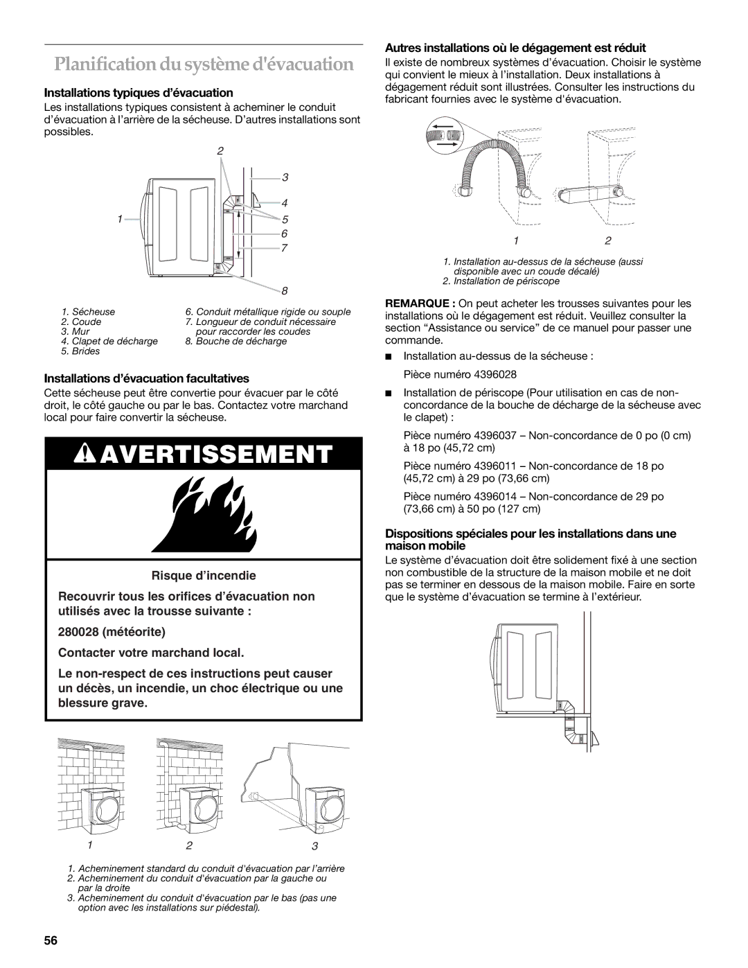 Amana YKEHS01P manual Planification du système dévacuation, Installations typiques d’évacuation 