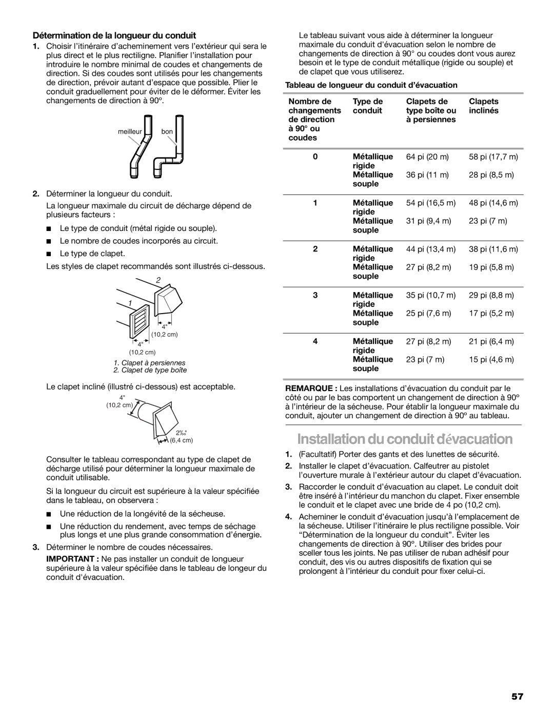 Amana YKEHS01P manual Installation du conduit d’évacuation, Détermination de la longueur du conduit 