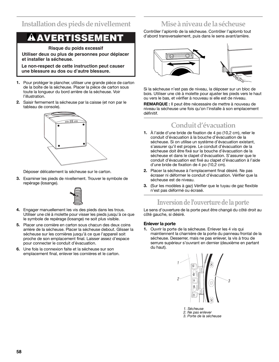 Amana KEHS01P Installation des pieds de nivellement, Mise àniveau de la sécheuse, Conduit d’évacuation, Enlever la porte 