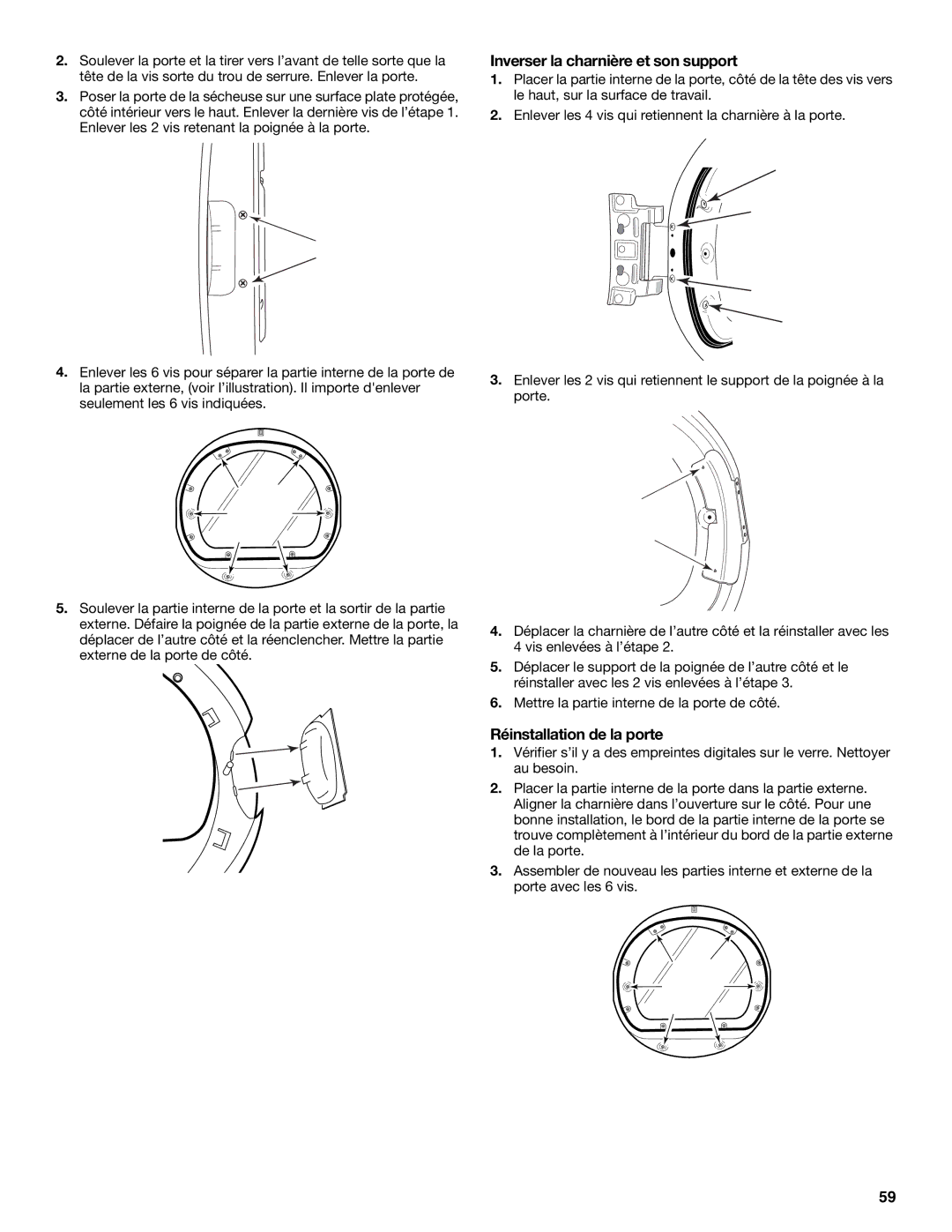 Amana YKEHS01P manual Inverser la charnière et son support, Réinstallation de la porte 