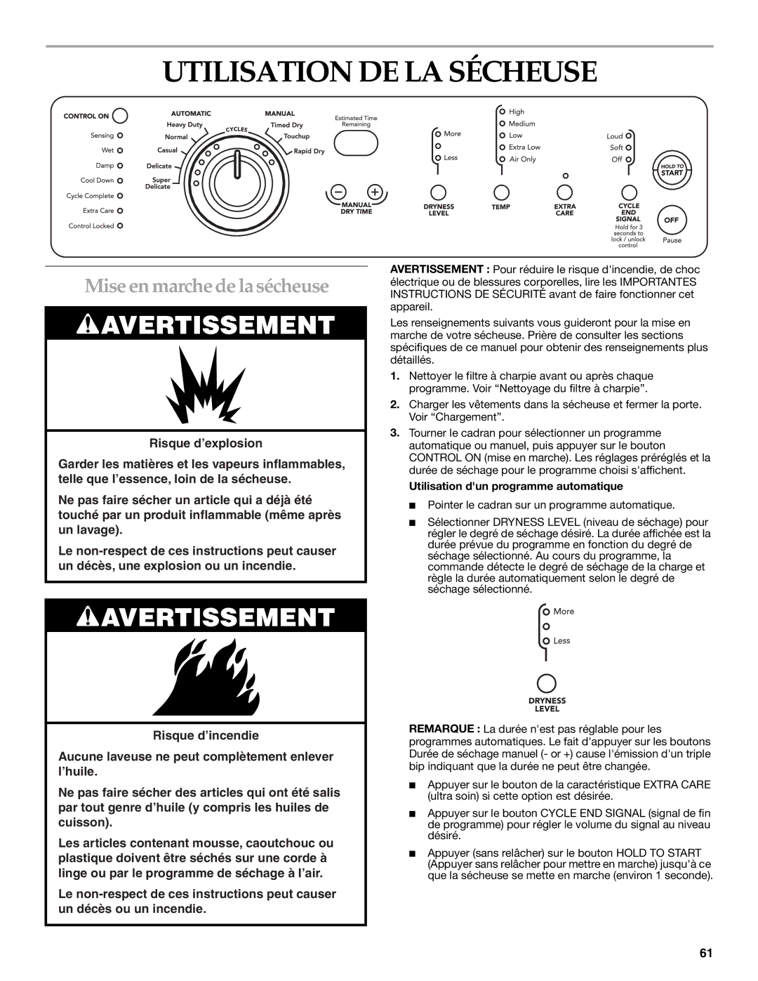 Amana YKEHS01P manual Utilisation DE LA Sécheuse, Mise en marche de la sécheuse, Utilisation dun programme automatique 