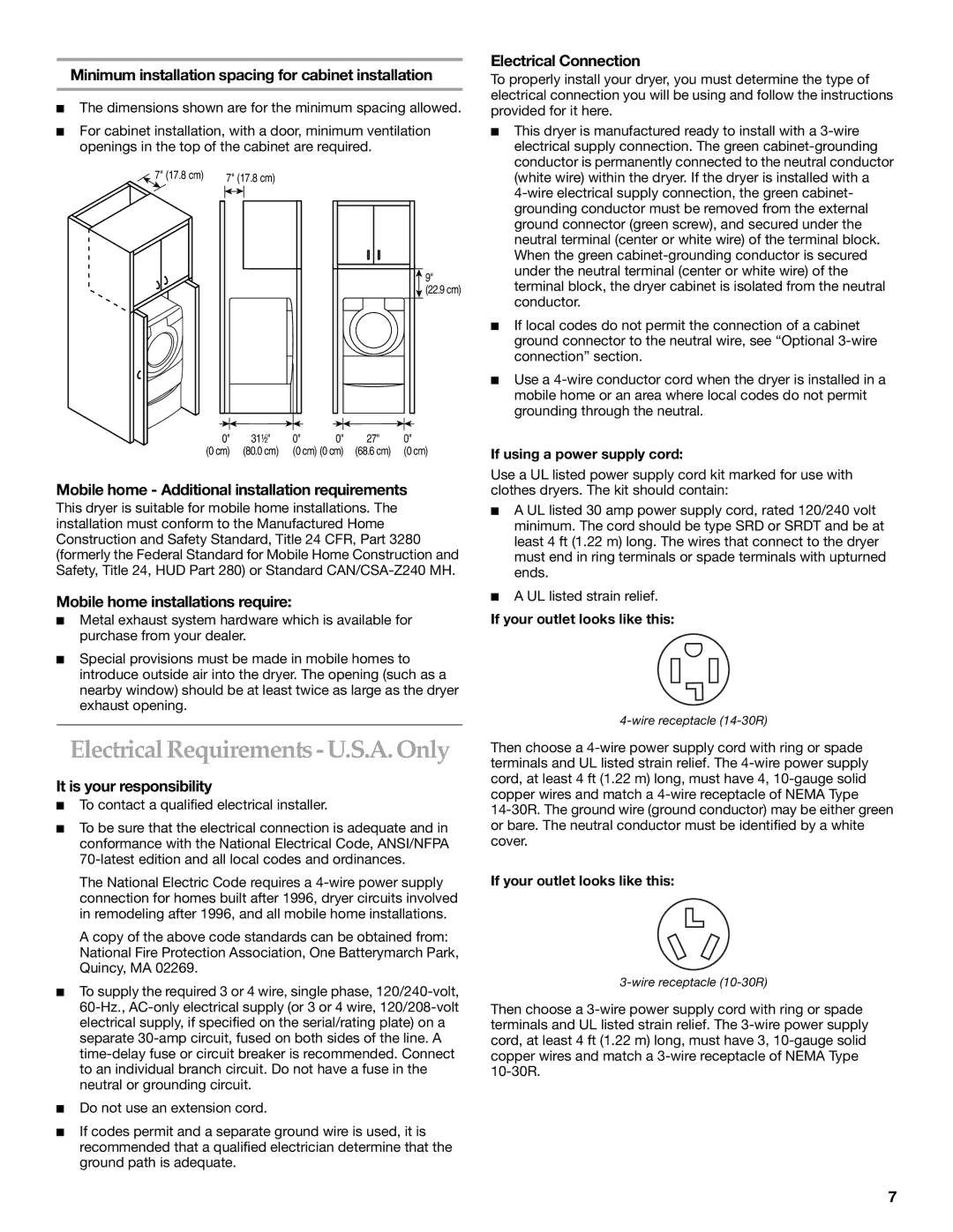 Amana YKEHS01P manual Electrical Requirements U.S.A. Only 