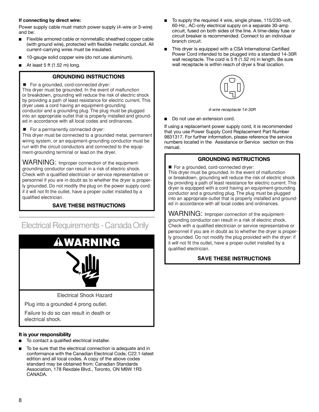 Amana YKEHS01P manual Electrical Requirements Canada Only, If connecting by direct wire 