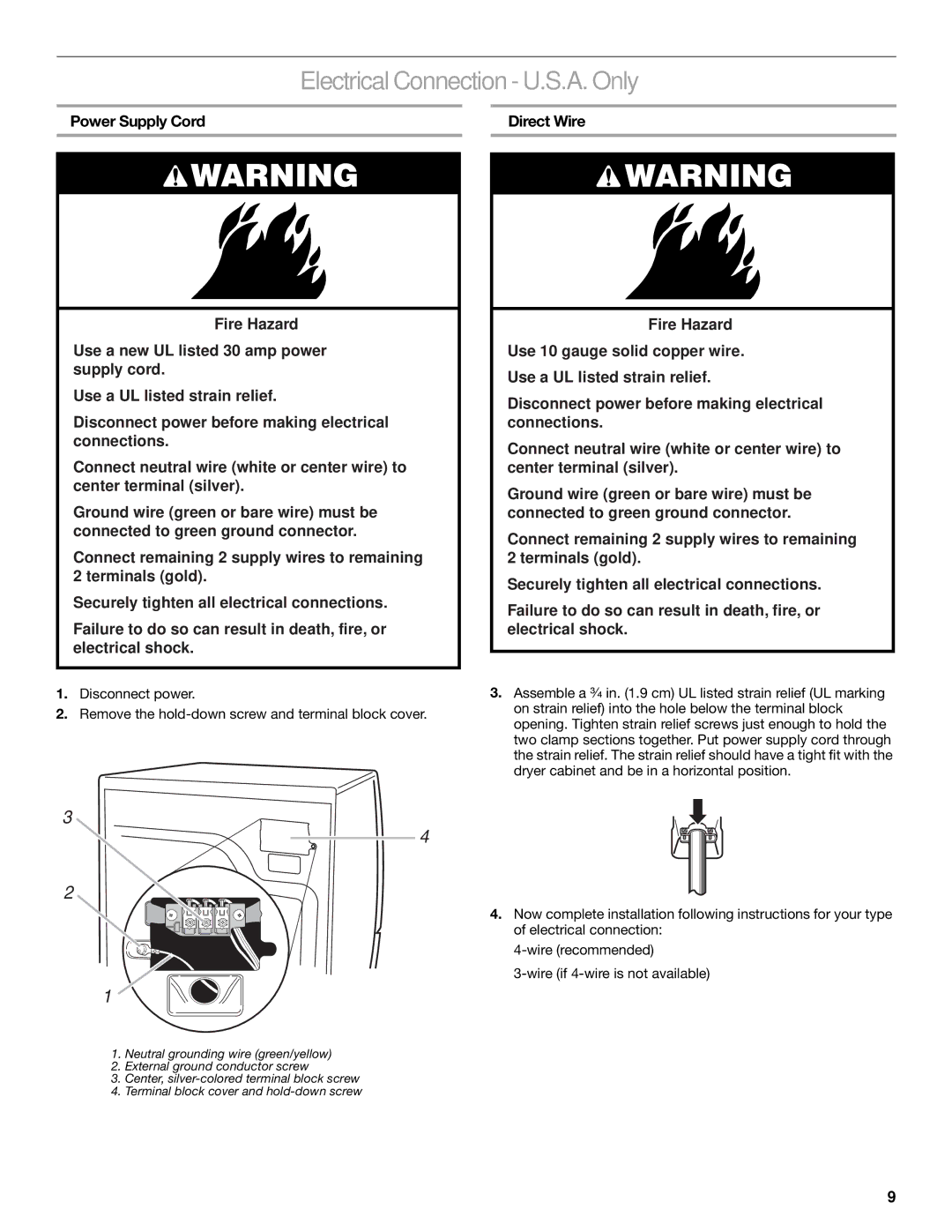 Amana YKEHS01P manual Electrical Connection U.S.A. Only 