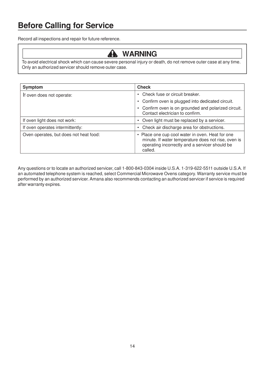 Amana LD10D2 owner manual Before Calling for Service, Symptom Check 