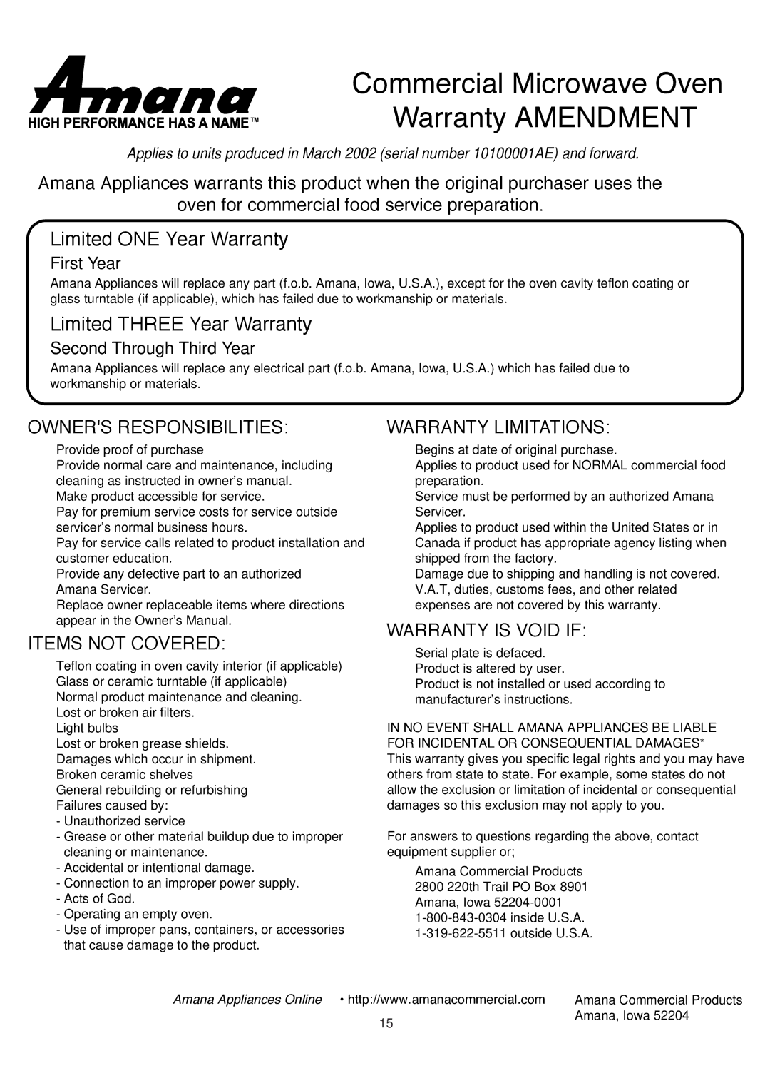 Amana LD10D2 owner manual Commercial Microwave Oven Warranty Amendment 
