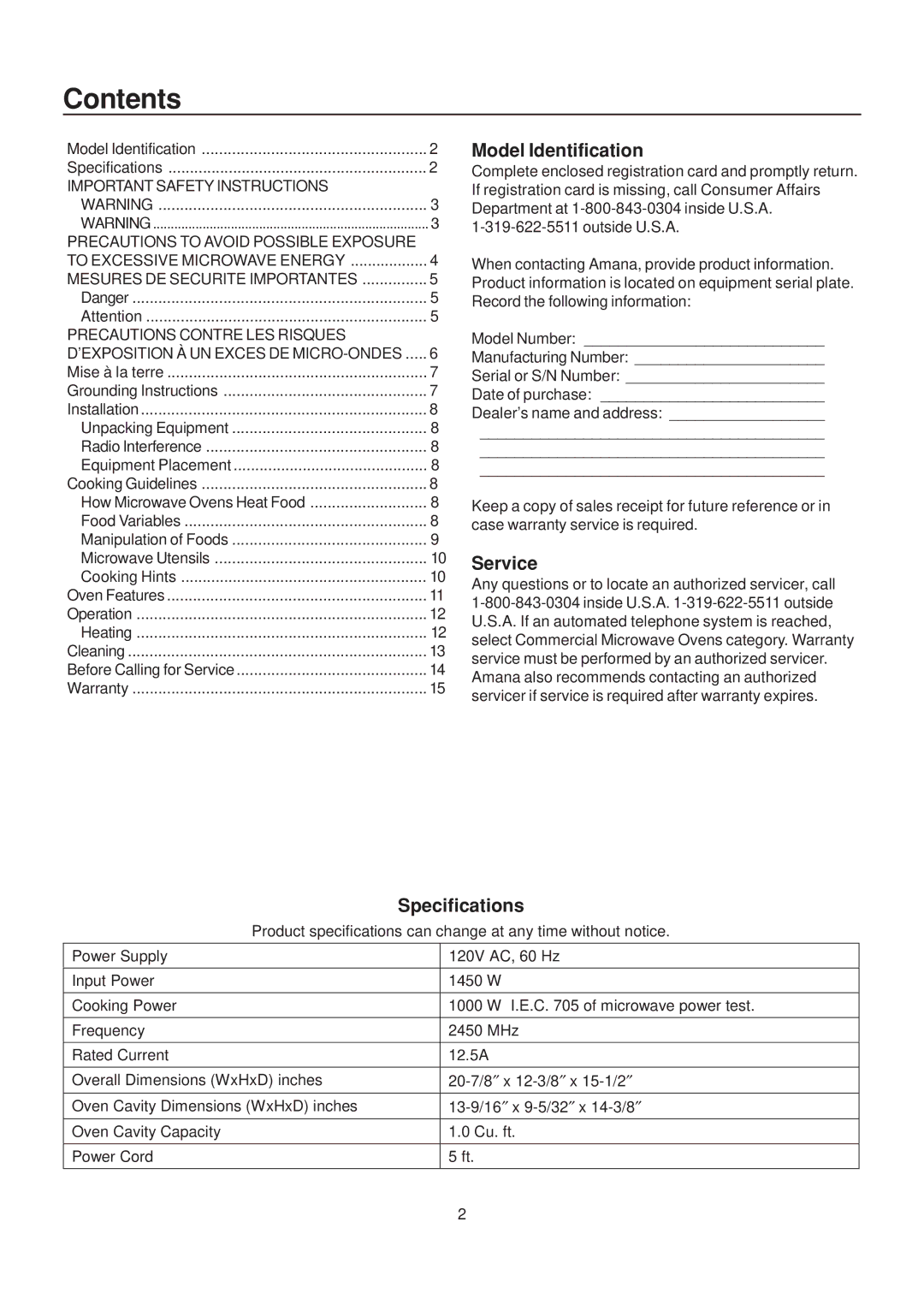 Amana LD10D2 owner manual Contents 