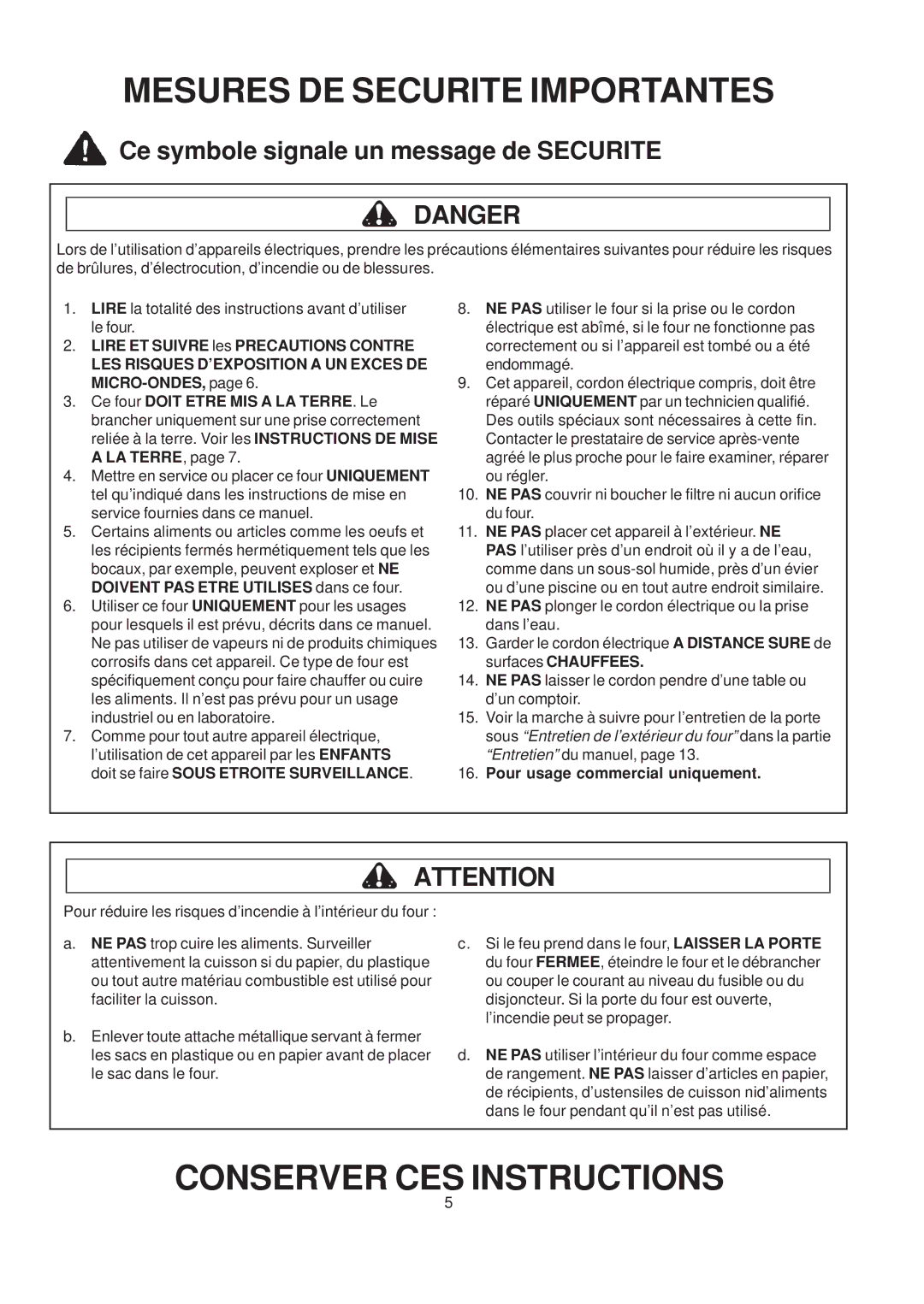 Amana LD10D2 owner manual Mesures DE Securite Importantes, Pour usage commercial uniquement 