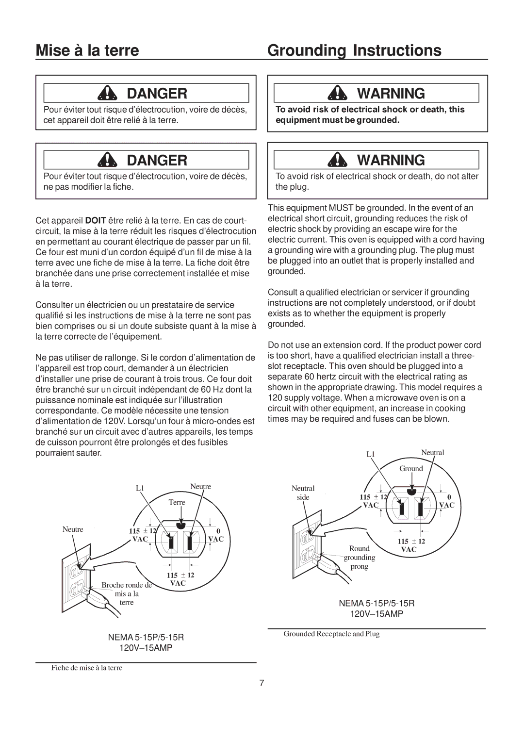 Amana LD10D2 owner manual Mise à la terre Grounding Instructions 