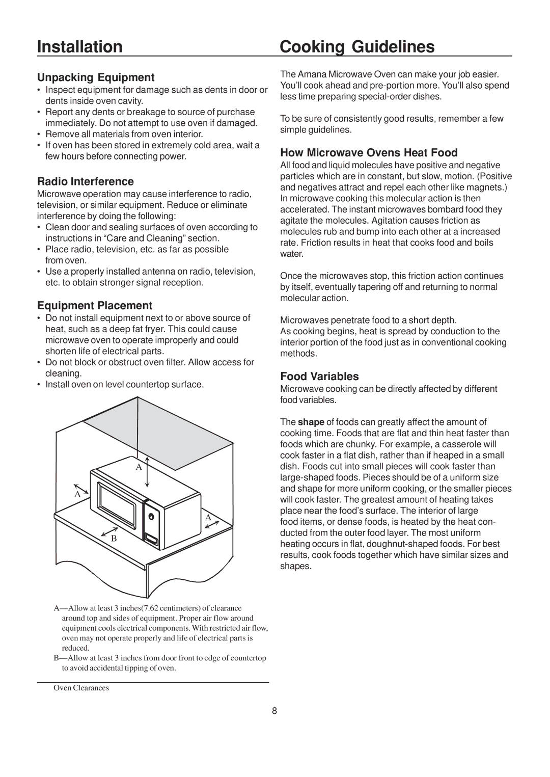 Amana LD10D2 owner manual Installation Cooking Guidelines 