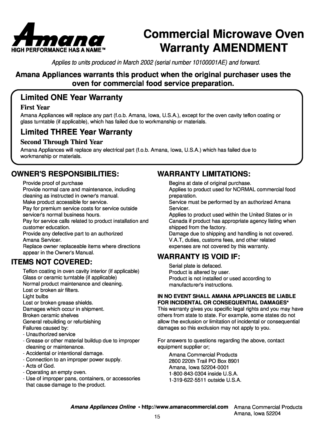 Amana LD10D2 Commercial Microwave Oven Warranty AMENDMENT, oven for commercial food service preparation, Items Not Covered 