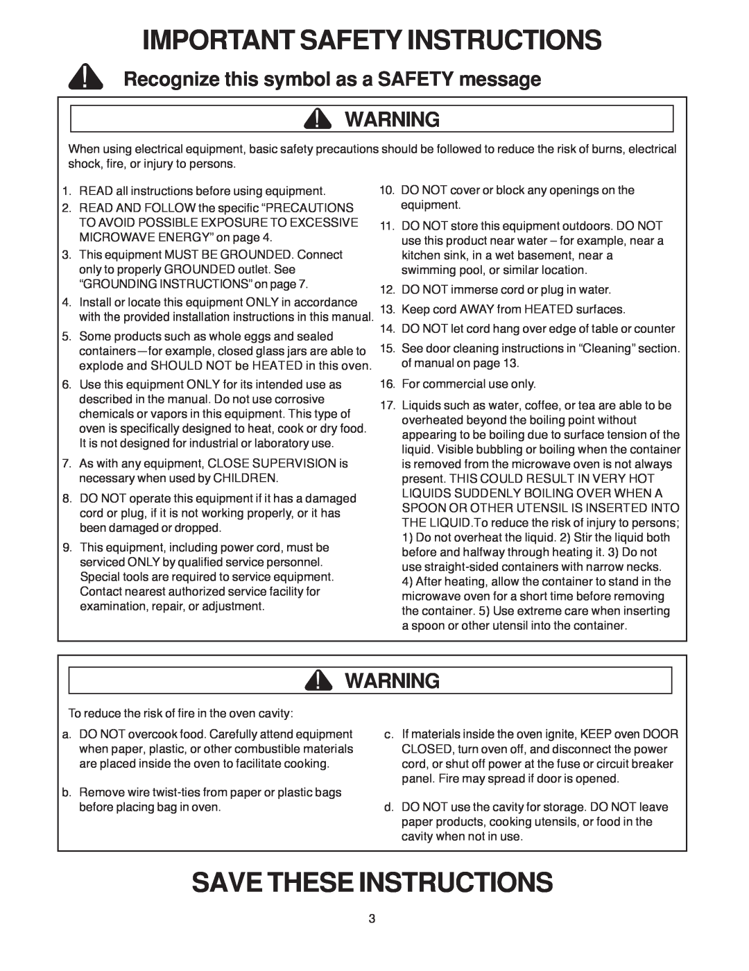 Amana LD10D2 owner manual Important Safety Instructions, Save These Instructions, Recognize this symbol as a SAFETY message 