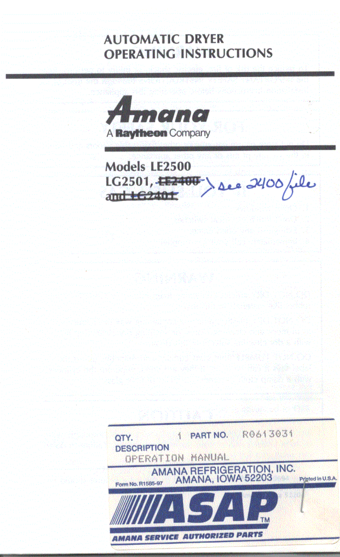 Amana LG2501, LE2500 manual 