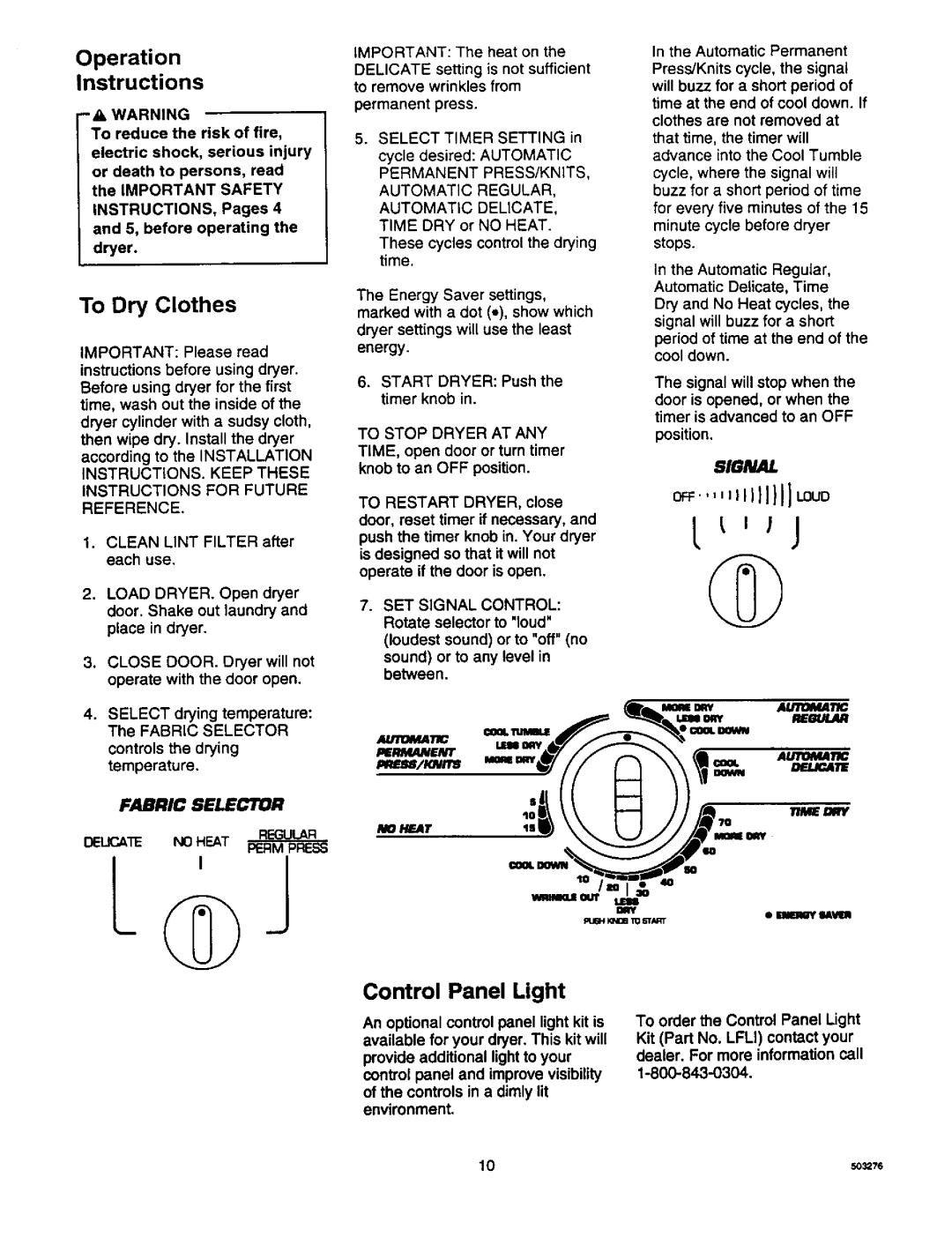 Amana LE8467W/L2, D2491E3B manual To Dry Clothes, Operation Instructions, Control Panel Light, Regular 