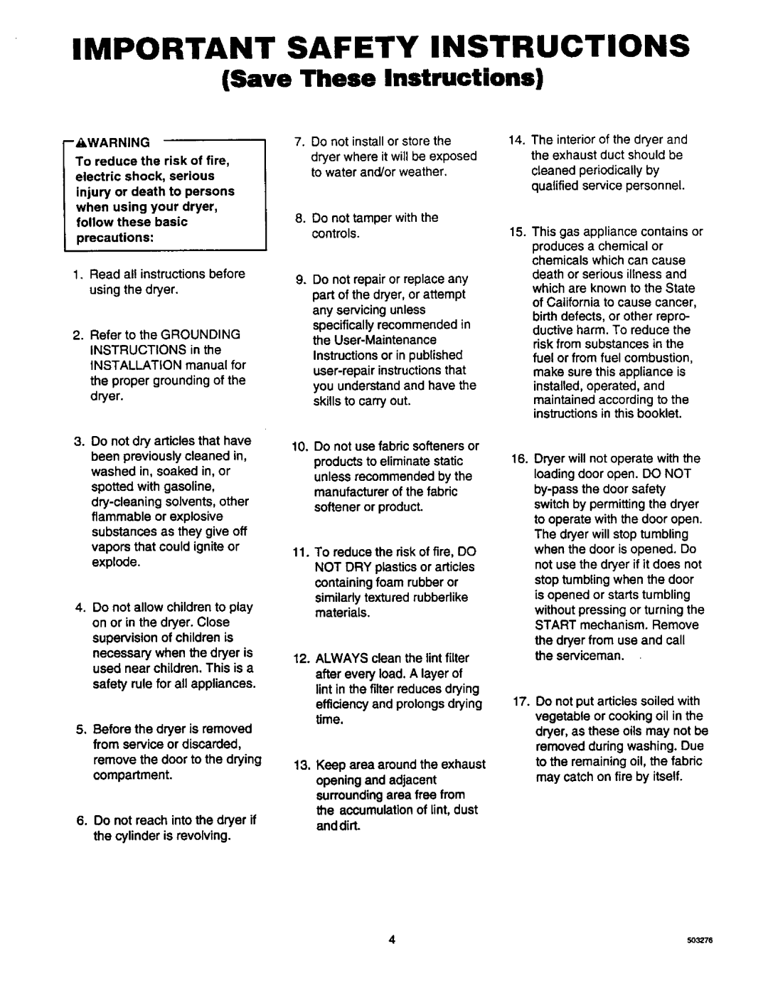 Amana LE8467W/L2, D2491E3B manual Safety Instructions, Do not use fabric softeners or products to eliminate static 