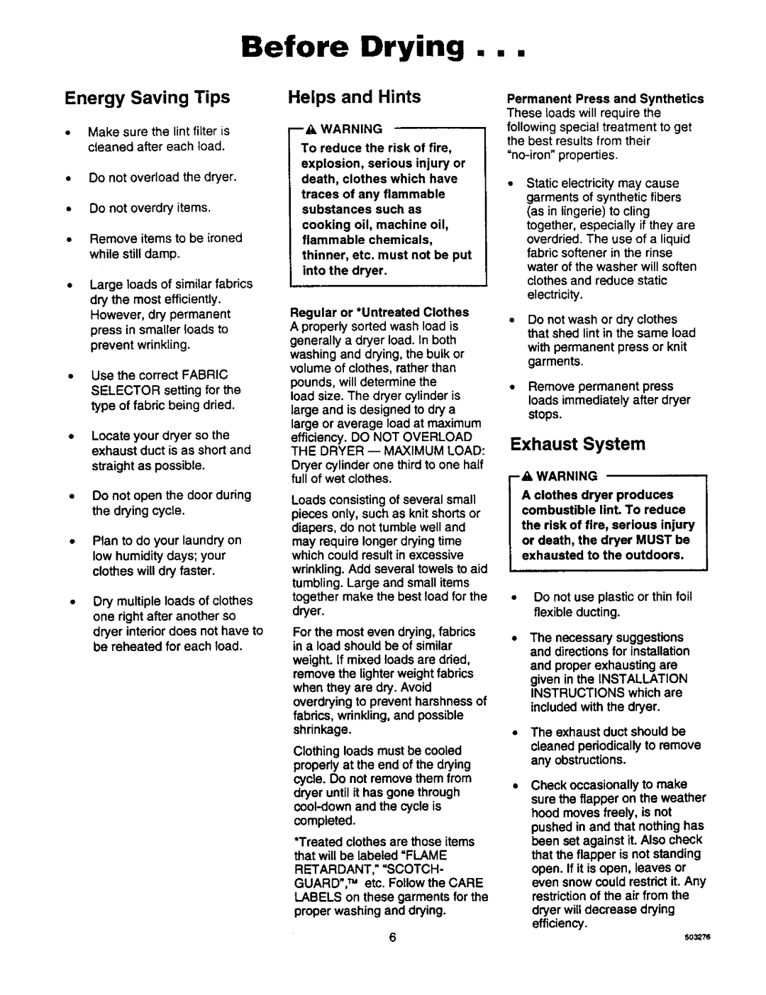 Amana LE8467W/L2, D2491E3B manual Before Drying, Energy Saving Tips, Helps and Hints, Exhaust System 