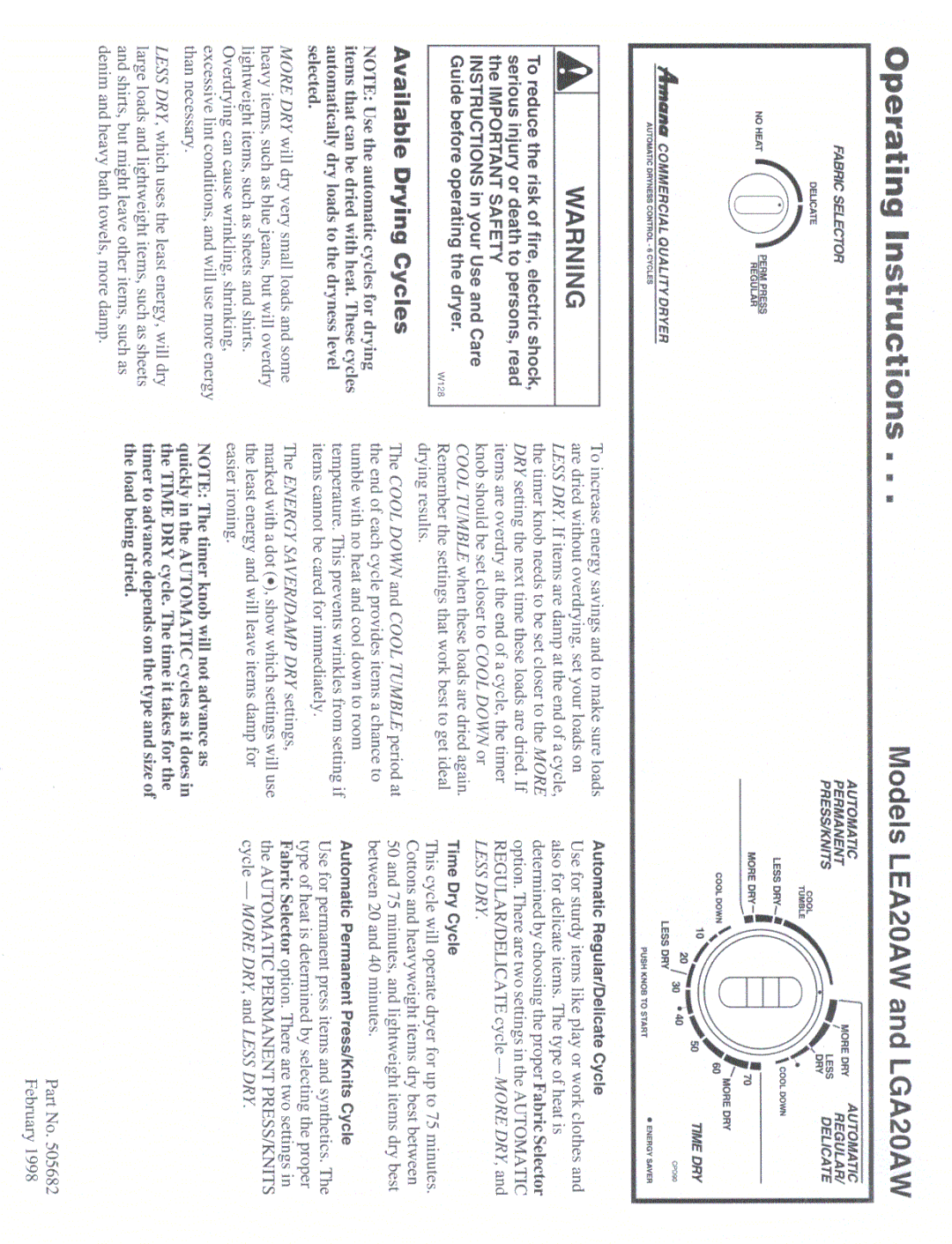 Amana LGA20AW, LEA20AW manual 