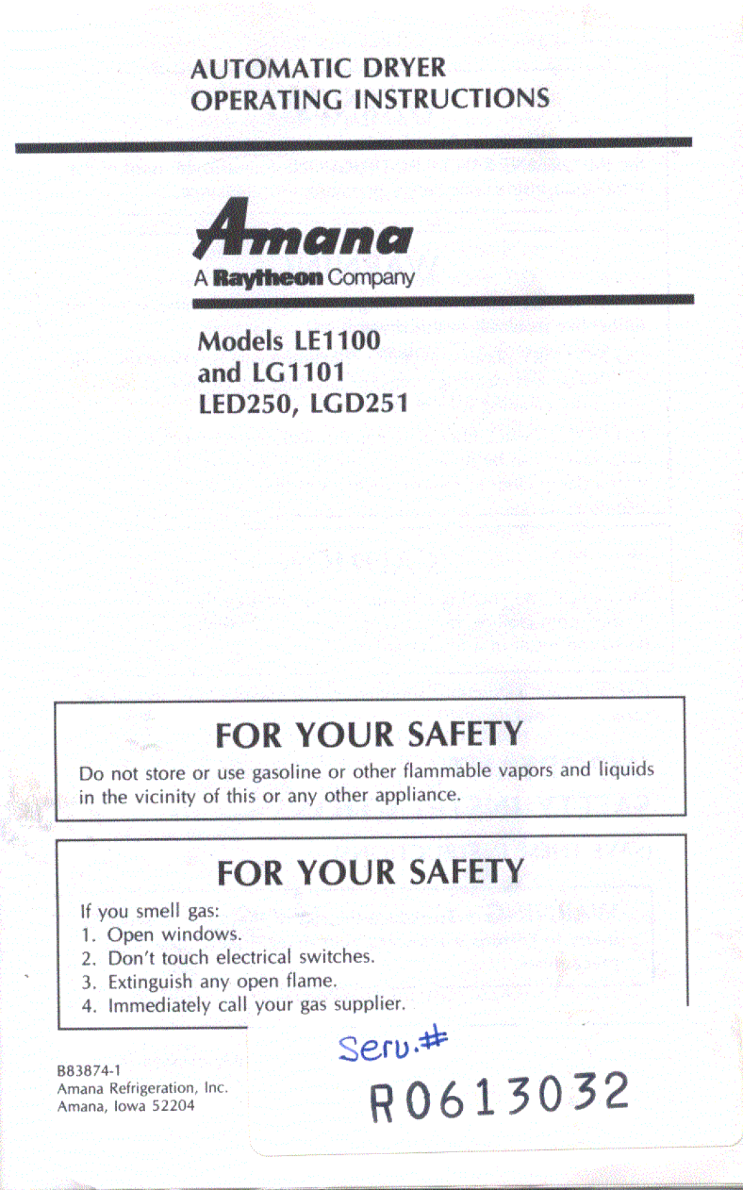 Amana LGD251, LG1101, LED250 manual 
