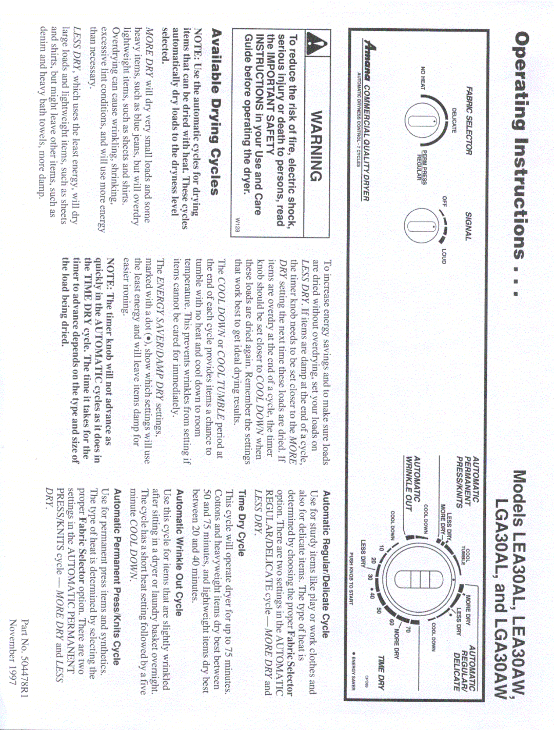 Amana LEA30AL, LGA30AL manual 