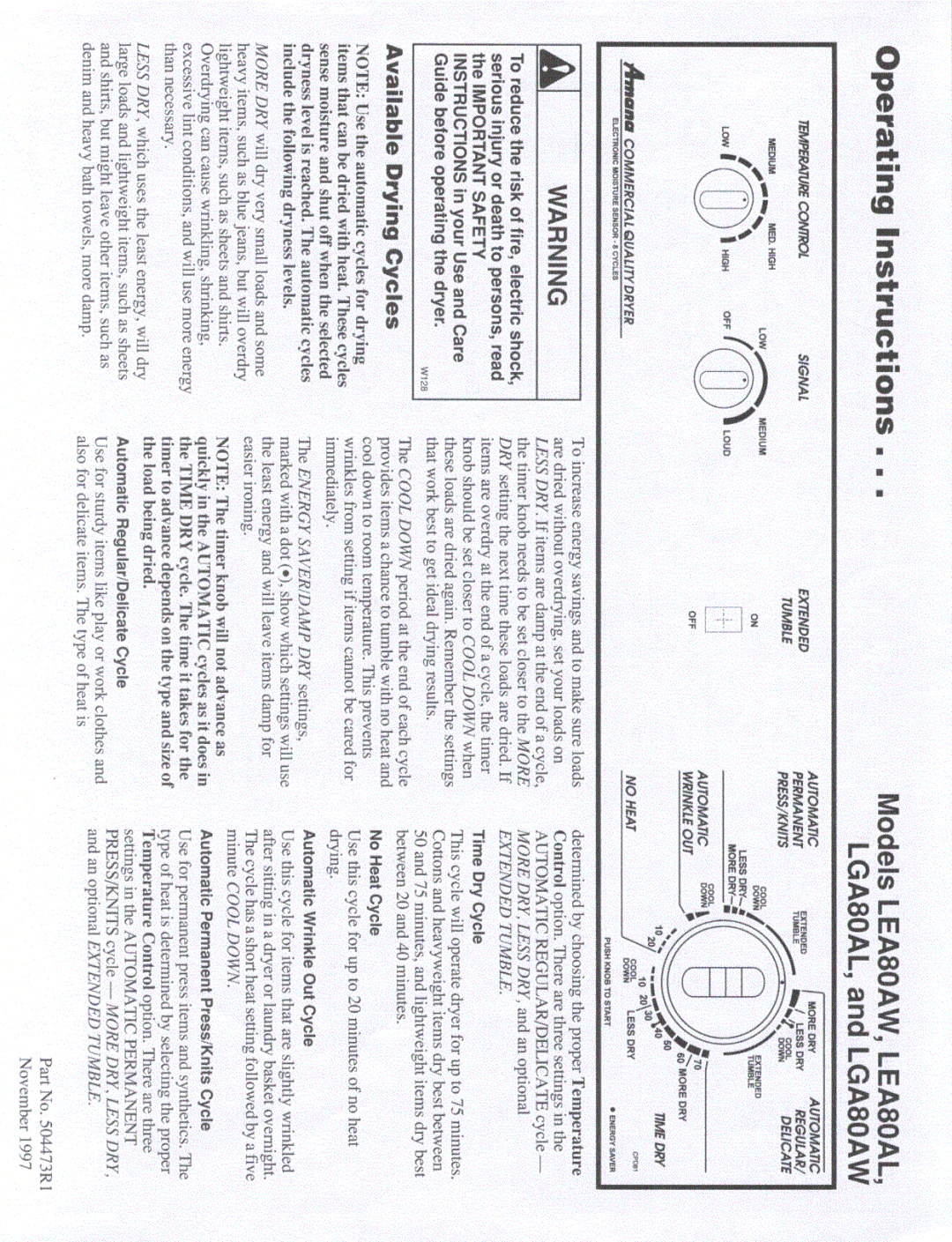 Amana LEA80AL, LGA80AW, LGA80AL manual 