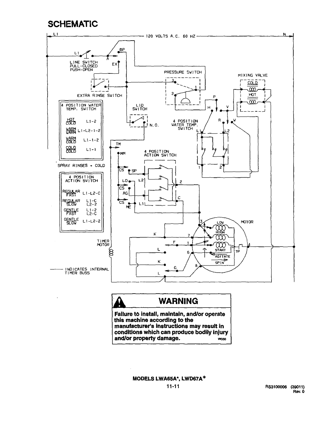 Amana LWD67AW PLWD67AW, LWA5OAL PLWA5OAL, LWA90AL PLWA9OAL, LWA65AL PLWA65AL, LWD67AL PLWD67AL, LWD70AL PLWDTOAL Schematic 